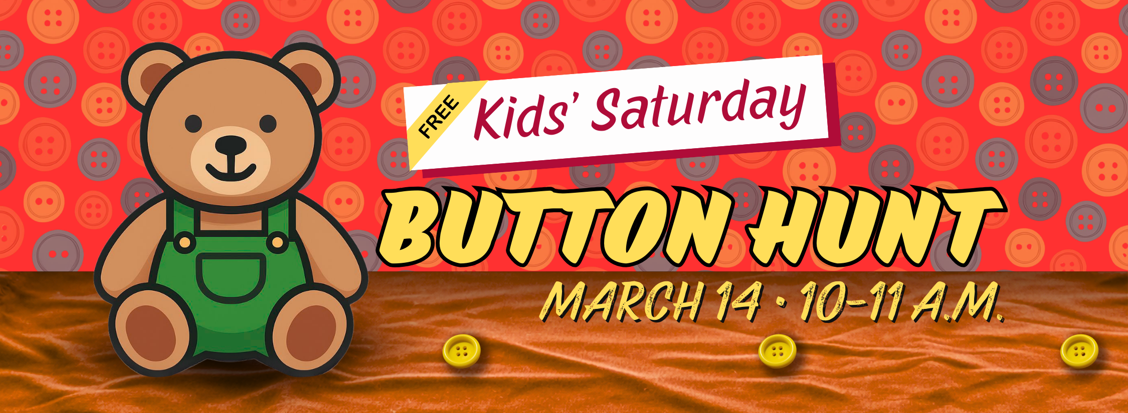 A teddy bear in green overalls, sitting on an orange blanket with yellow buttons in a row