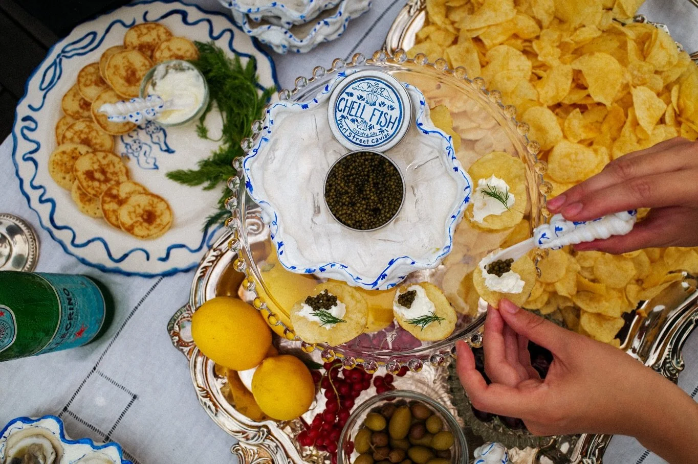 Some things just belong together: oysters and martinis, tinned fish and buttered toast, Chell Fish and Pearl Street Caviar. I&rsquo;m so excited to share that CHELL &amp; PEARL: CAVIAR COLLECTION  is now live!! A limited-edition summer collaboration 