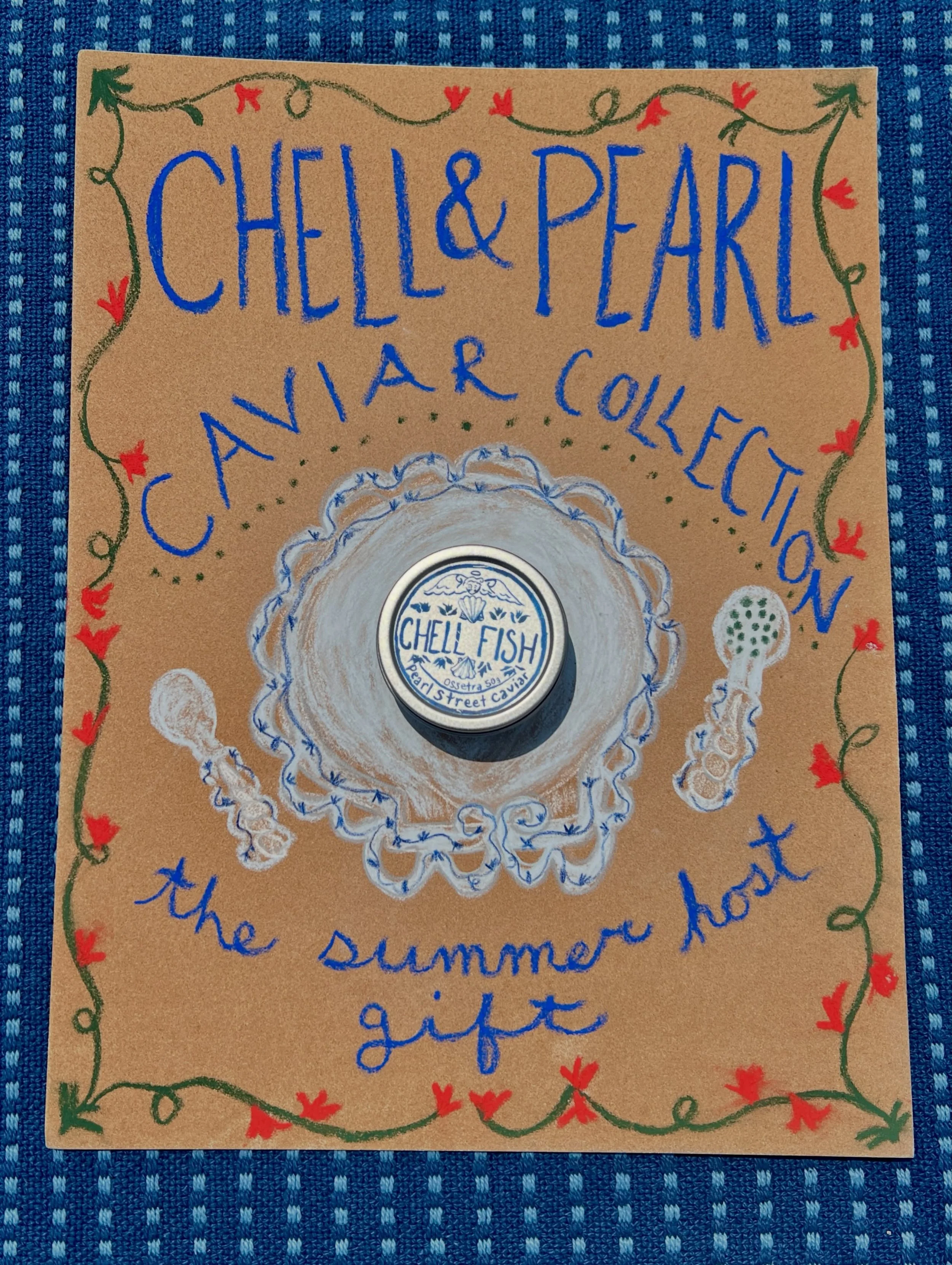 A collaboration between 2 Brooklynites Chell Fish &amp; @pearlstreetcaviar to bring you fresh caviar and its perfect serving pair. 🌞🥄🐚

All of the drawings I made to find my favorite tin design 

A real spiral shell is embedded in each mother of p