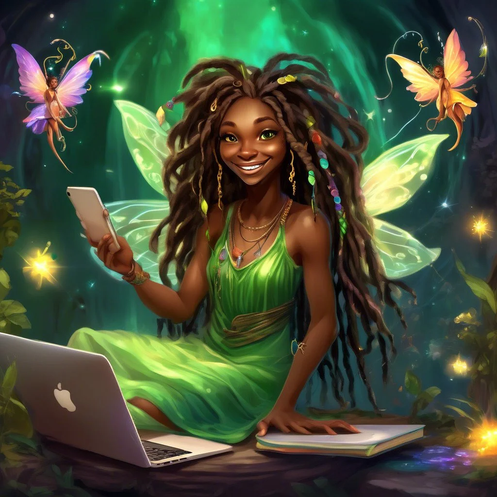 Fantasy illustration of a smiling fairy with dreadlocks and green fairy wings, holding a smartphone, sitting on a log with a laptop and a book. Two colorful fairies fly nearby, surrounded by magical glowing lights.