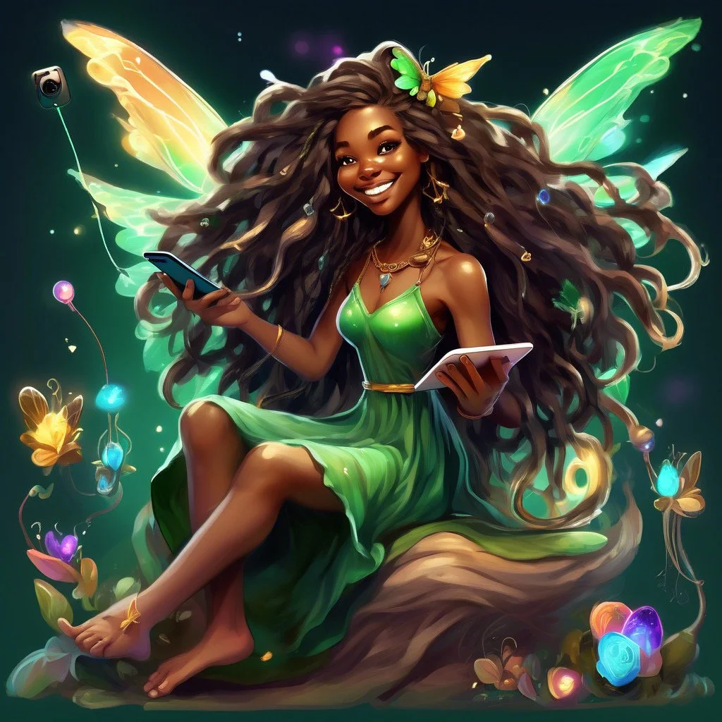 Whimsical illustration of a smiling fairy with colorful wings, holding a smartphone and tablet, surrounded by glowing flowers and lights.