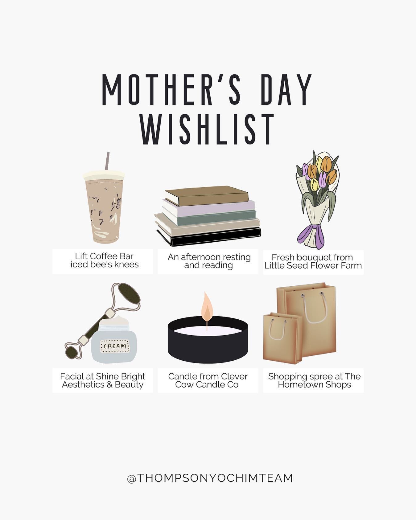 We'll tell you what we want, what we really, really want this *Mother's Day* 😍

1) An iced bee's knees (honey vanilla oat milk latte) from @liftcoffeebar
 2) An afternoon resting and reading
3) Fresh bouquet from @littleseedflowerfarm
4) Facial at @