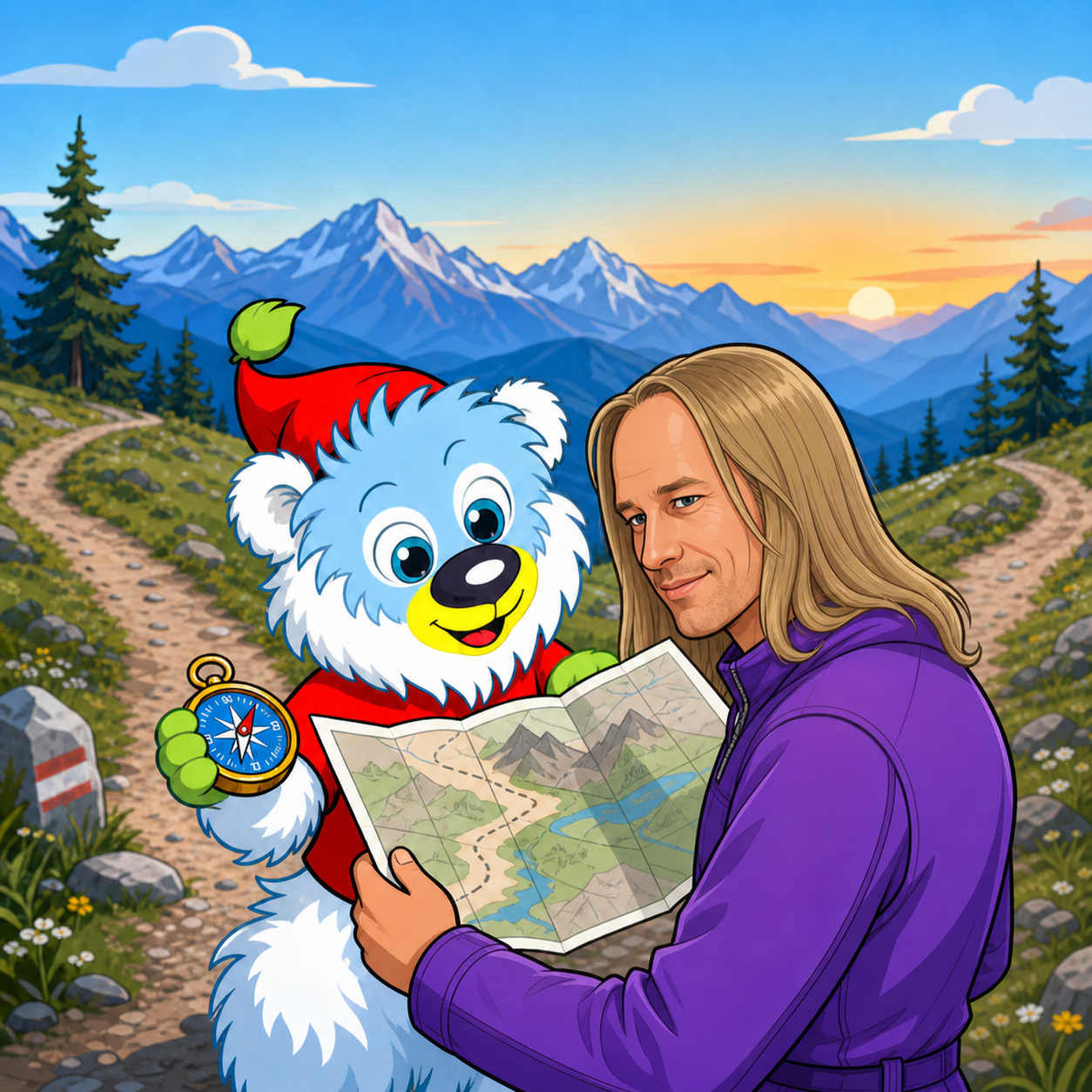 Sascha und ein Löwenbaby mit roter Mütze und Kompass betrachten eine Karte in einer Berglandschaft bei Sonnenuntergang.