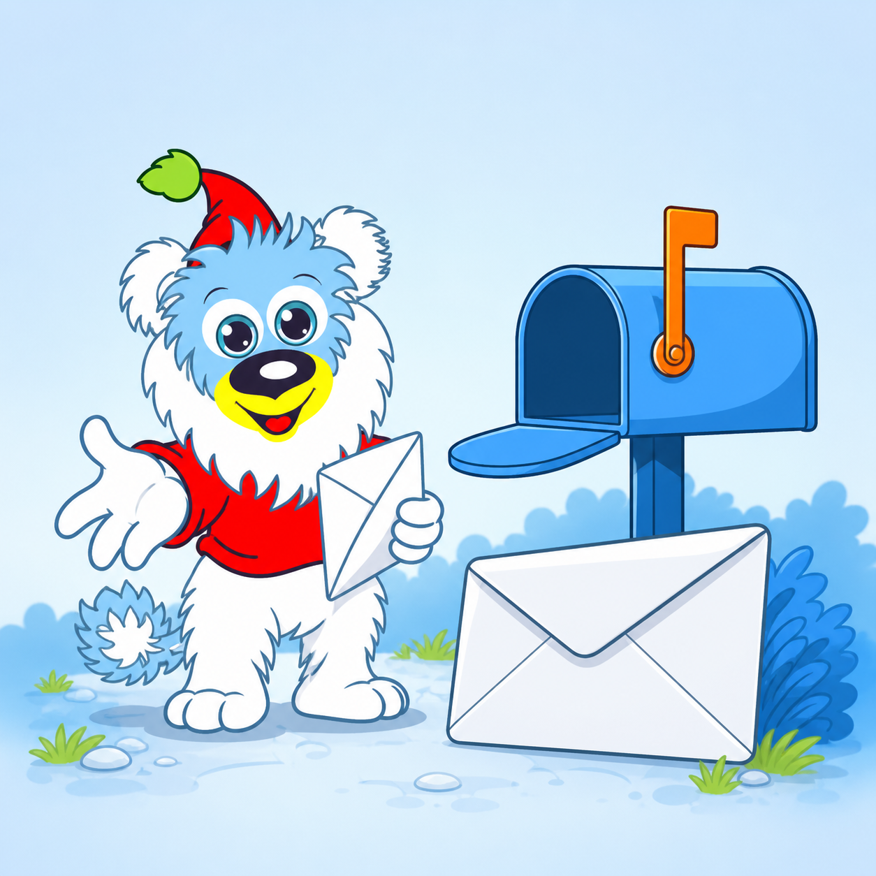 Löwenbaby mit blauer und weißer Fellfarbe, rotem Hemd und rot-grünem Weihnachtsmütze, der einen Brief hält, steht vor einem blauen Briefkasten im Schnee, umgeben von Gräsern.