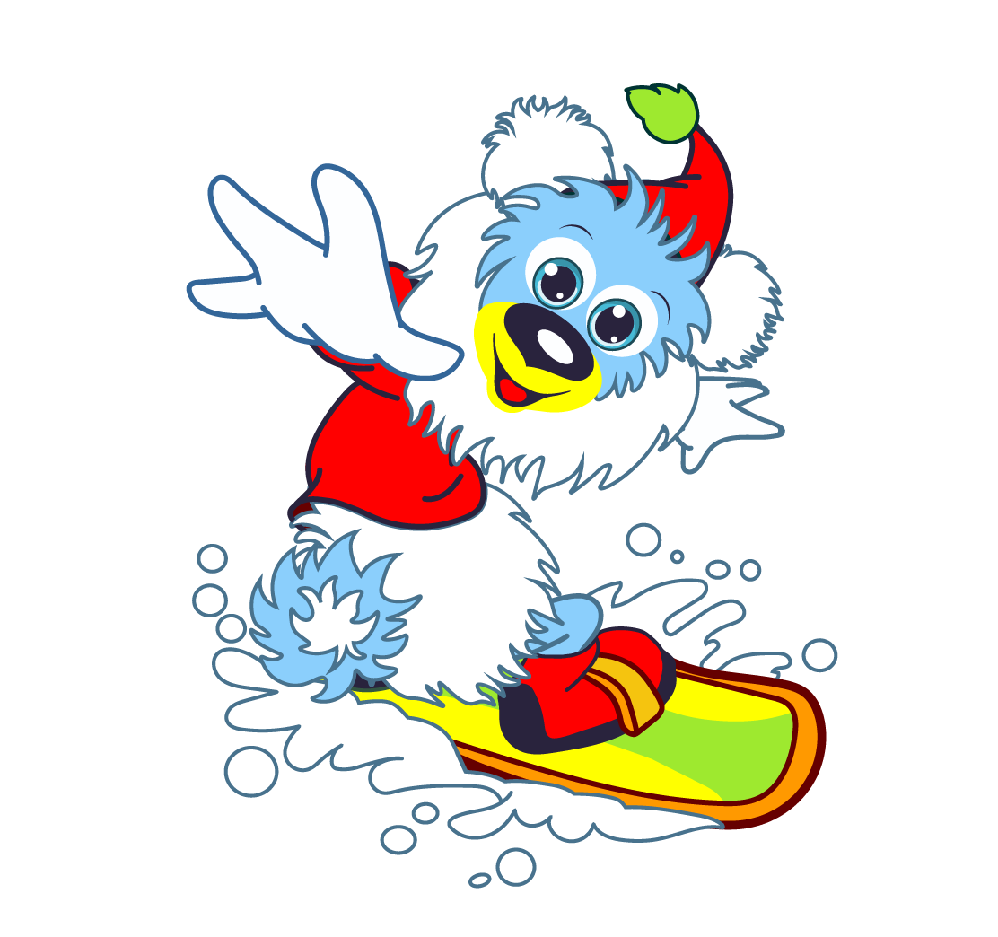 Ein cartoonartiger blauer Hund in einem roten Santa-Kostüm fährt auf einem Snowboard im Schnee.
