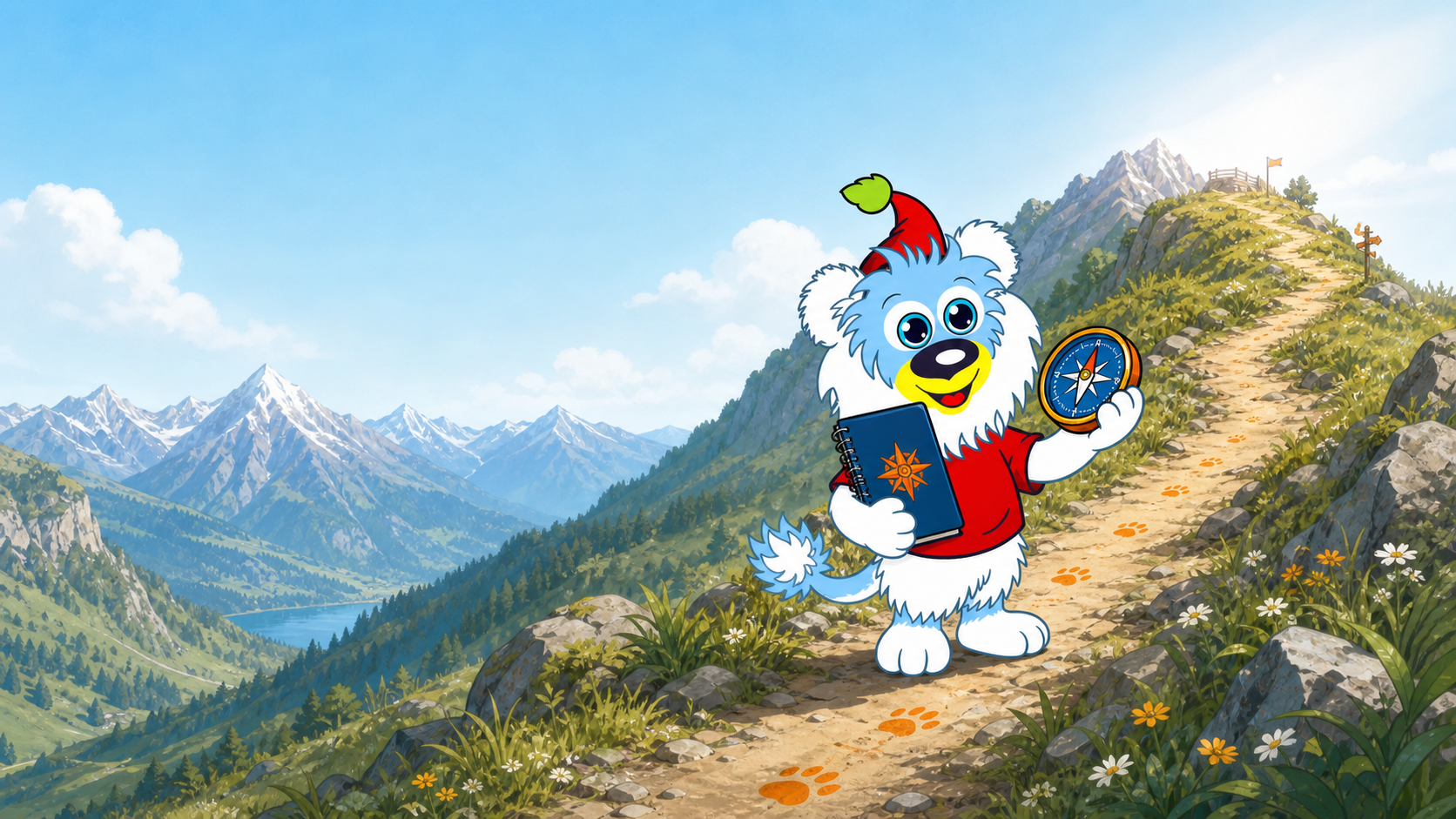 Ein bunter, cartoonartiges Löwenbaby in Berglandschaft mit Pfad, Bergen, Fluss und Himmel, hält Kompass und Notizbuch, trägt rotes Kleid und Wanderhut.