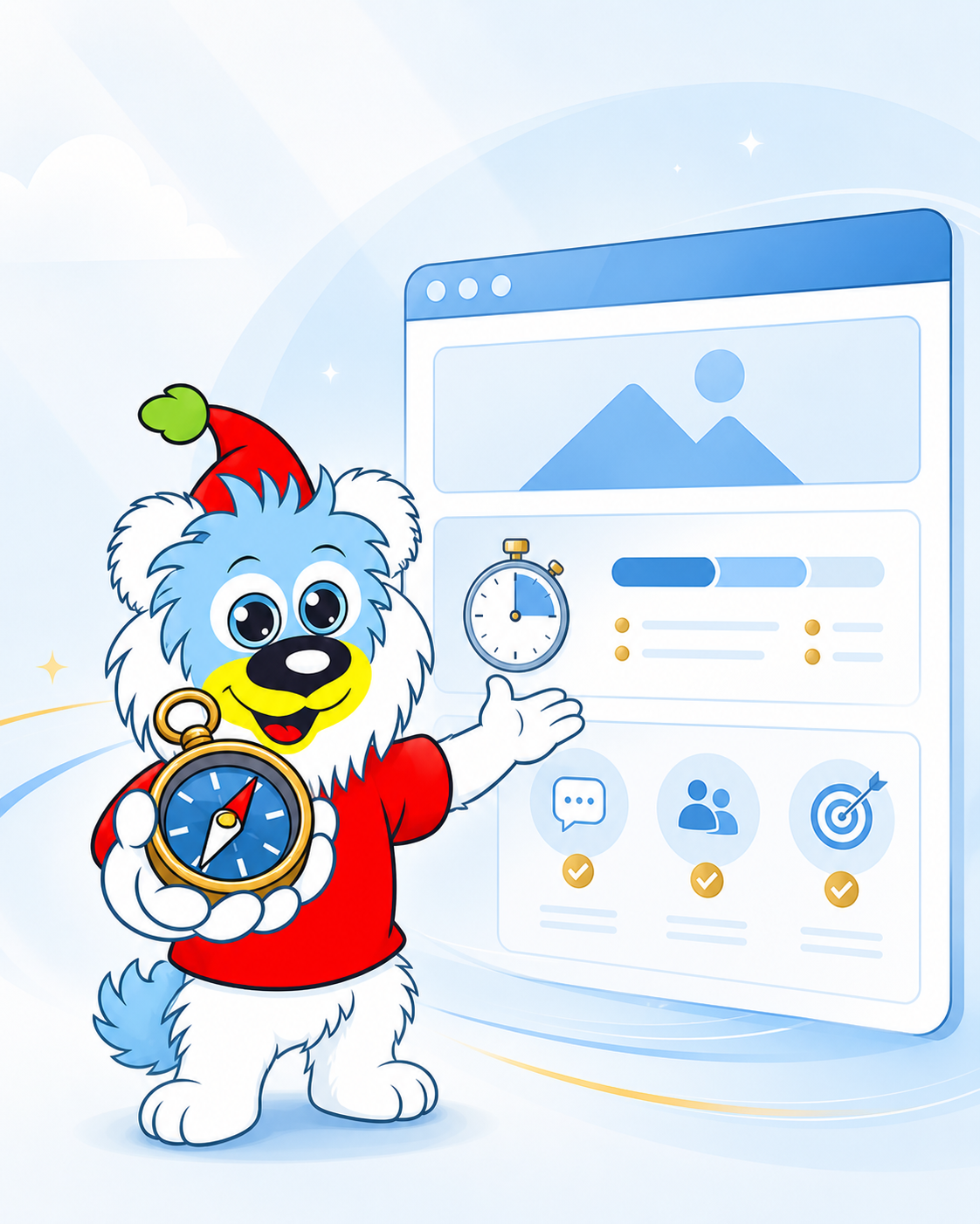 Ein fröhliches Löwenbaby in Weihnachtsmütze hält eine Uhr und steht vor einem digitalen Bildschirm mit Grafiken und Symbolen, zum Thema Zeitmanagement und Online-Kommunikation.