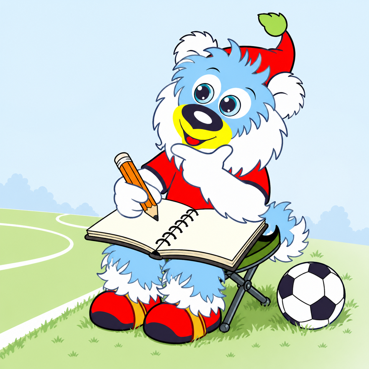Ein Cartoon-Löwe mit blauer Mähne trägt einen roten Weihnachtsmannhut und sitzt an einem Stuhl im Freien auf einer grünen Wiese. Er hält einen Bleistift und schreibt in ein offenes Notizbuch. Neben ihm liegt ein schwarz-weißes Fußball. Das Hintergrundbild zeigt einen blauen Himmel mit einigen Wolken.