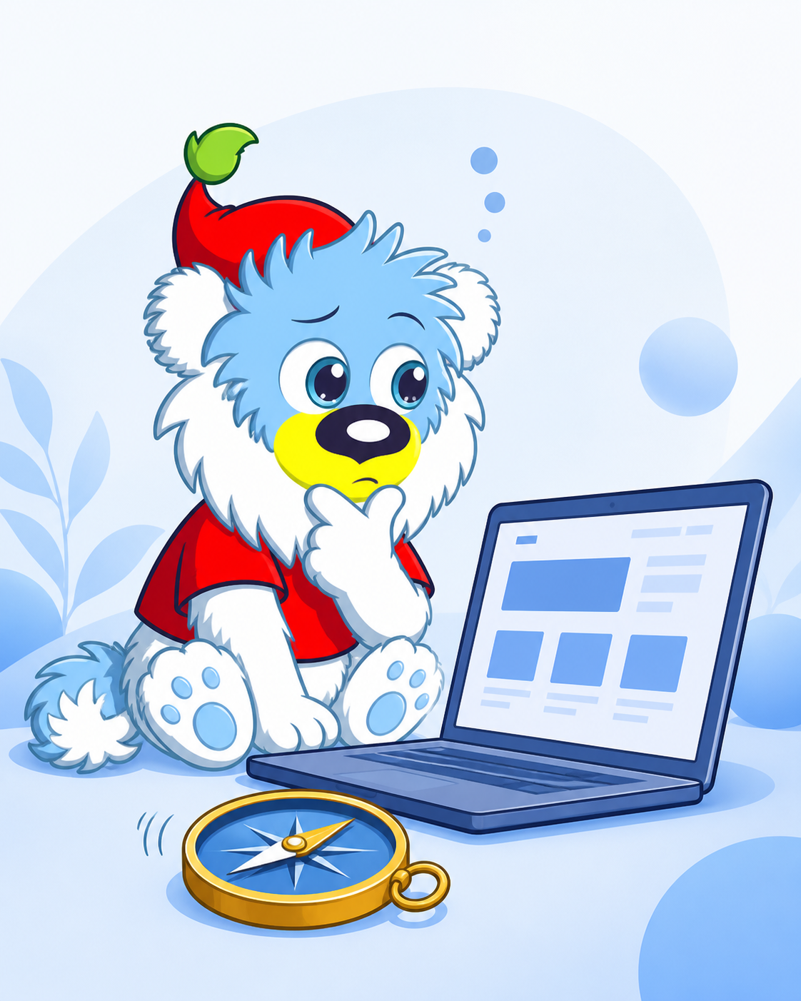 Ein niedlicher, blaues Löwenbaby mit einem roten Santa-Hut und rotem T-Shirt sitzt vor einem Laptop, denkt nach, mit einem Kompass daneben.