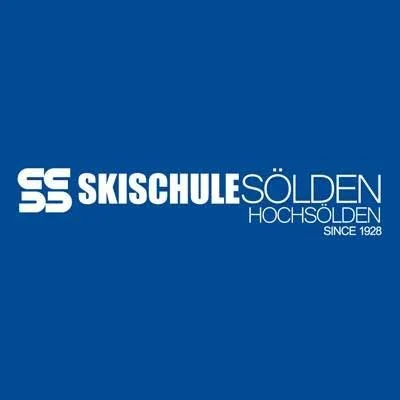 Logo der Skischule Sölden, bestehend aus weißem Text auf blauem Hintergrund, mit Angaben