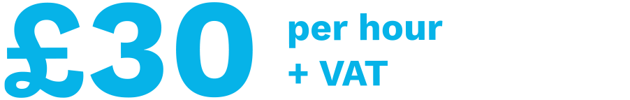 Text "£30 per hour + VAT" in blue font.