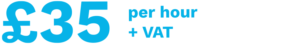 Text "£35 per hour + VAT" in blue font.
