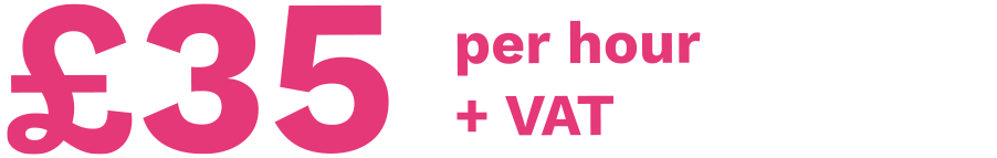 Price of 30 pounds per hour with VAT included in pink and black text.