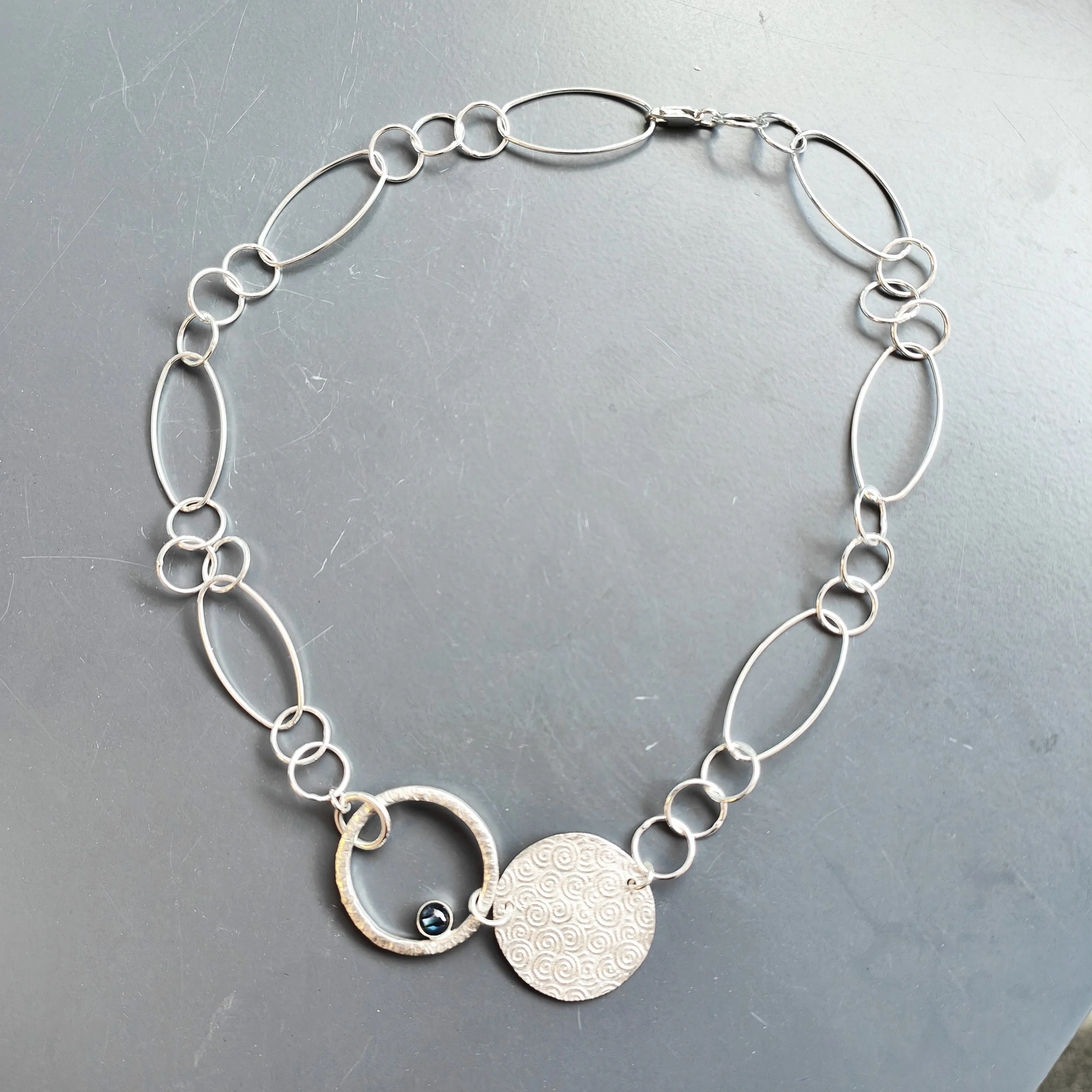 LABRADORITE EITCHED SILVER NECKLACE