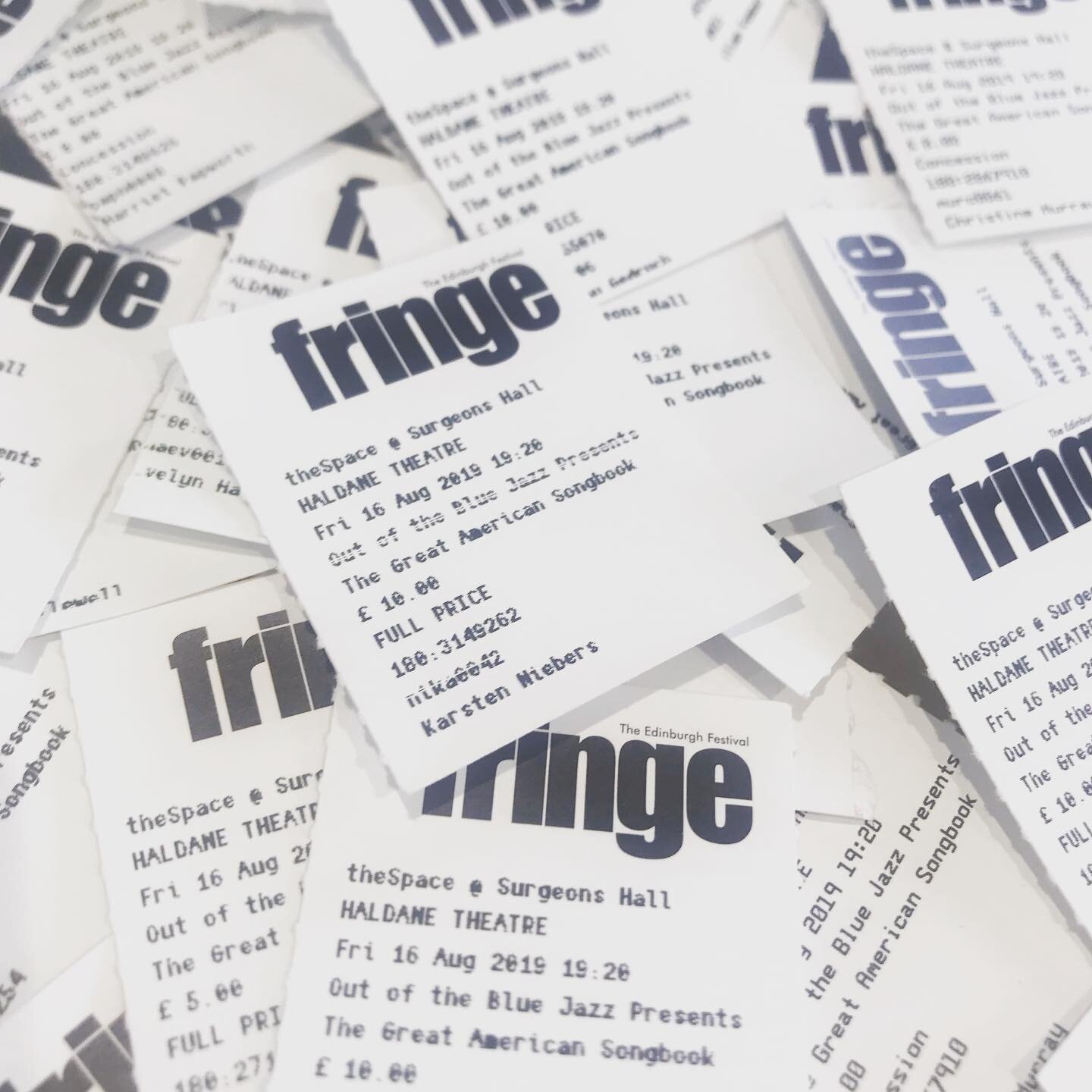 The stubs of our gigs from @edfringe 2019 🎫 🏴󠁧󠁢󠁳󠁣󠁴󠁿🎷🎤 will we be back next year? 🤔.... stay tuned 🎷🎤 #ootb #ootbjazz #farnhamjazz #edinburghfringe #edfringe2020