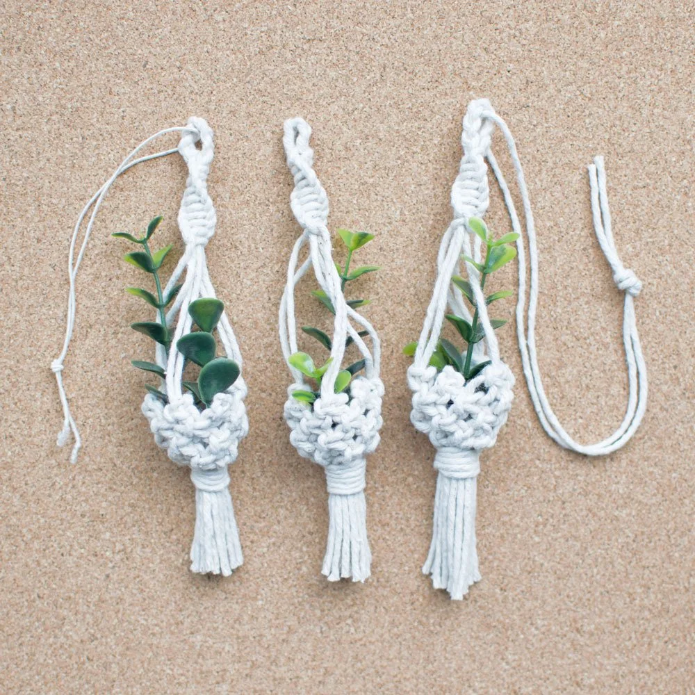 trio of mini macrame plant hanger car charms