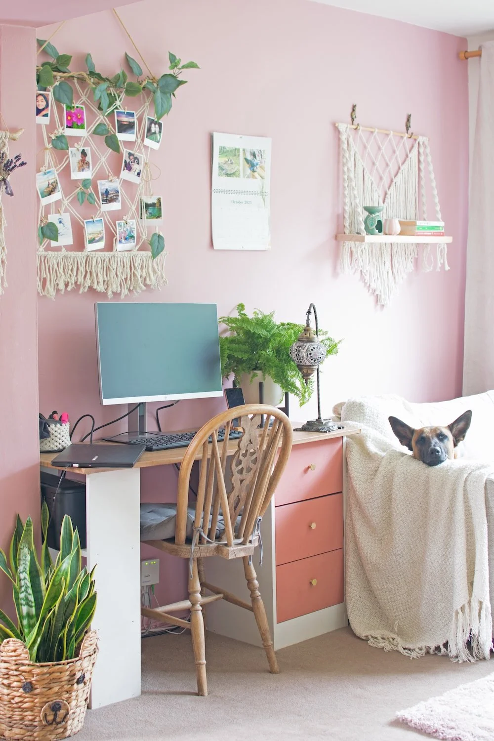 cosy pink small home office space