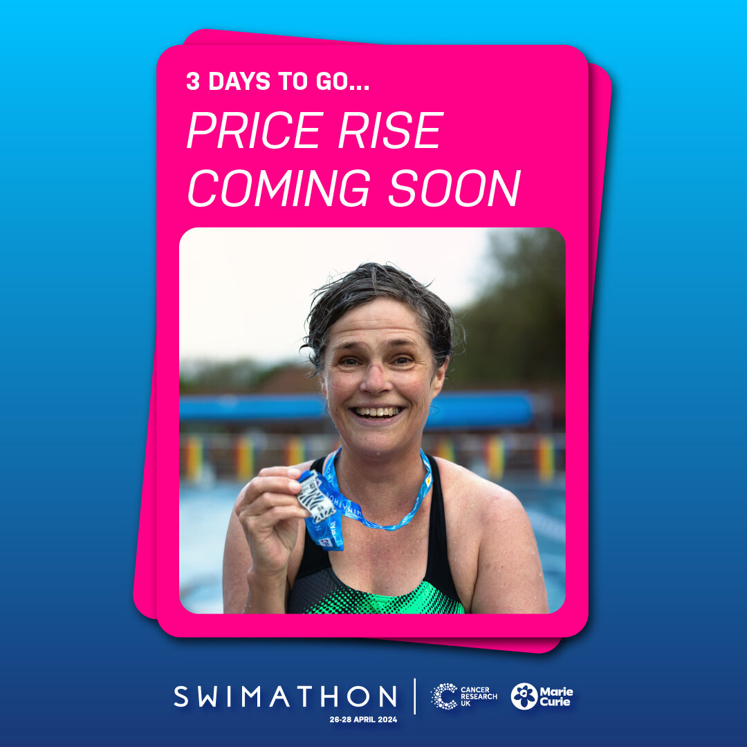 ONLY 3 DAYS LEFT TO BEAT THE PRICE RISE 🫣

Don&rsquo;t miss your chance to participate in the most popular swimming challenge for the lowest price and help raise money for Cancer Research UK and Marie Curie.

🏊🏿&zwj;♀️ Great way to support local p
