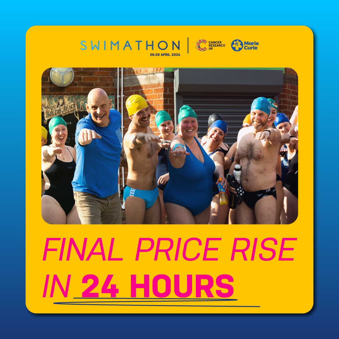 ONLY 24 HOURS TO GO!

Prices rise MIDNIGHT TOMORROW 😲

✅ Be part of something extremely memorable for the lowest price.

✅ Join thousands who have dived in and secured their spot in the best swimming and fundraising event!

✅ There is still plenty o
