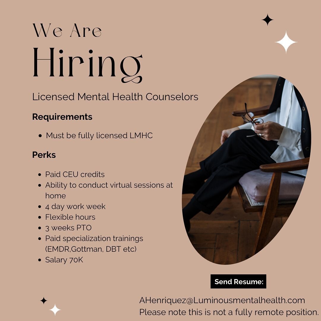 We are #hiring, our practice continues to grow and with the high demand for therapy we&rsquo;re excited to bring on a new person to our team. #LMHC #mentalhealthcounselor
