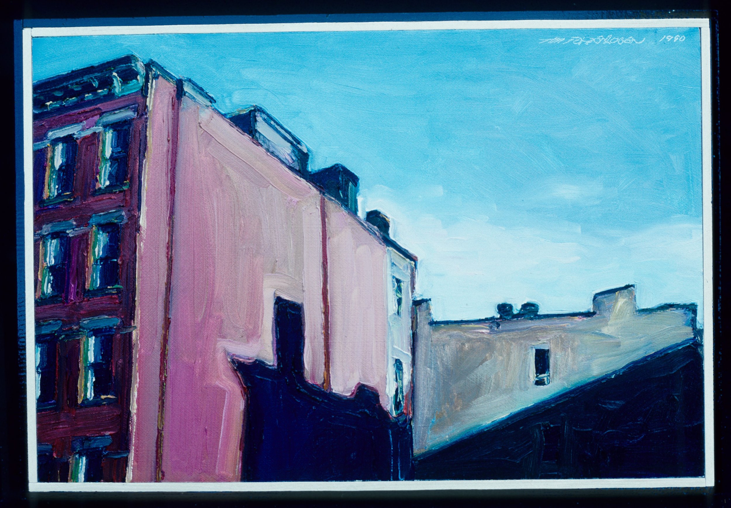 Red, Ochre Buildings  12" x 18" o/masonite