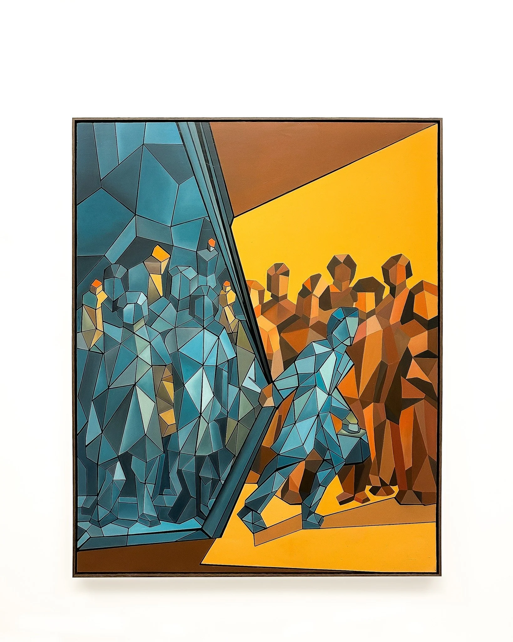 Framing Friday ✨
Wishing you beautifully framed artwork in your near future.🔮
Here we have "Between Being and Pretending" by Drissa Rahmanian&mdash;a modern geometric painting that arrived to us un-stretched (as they often do for easier tr