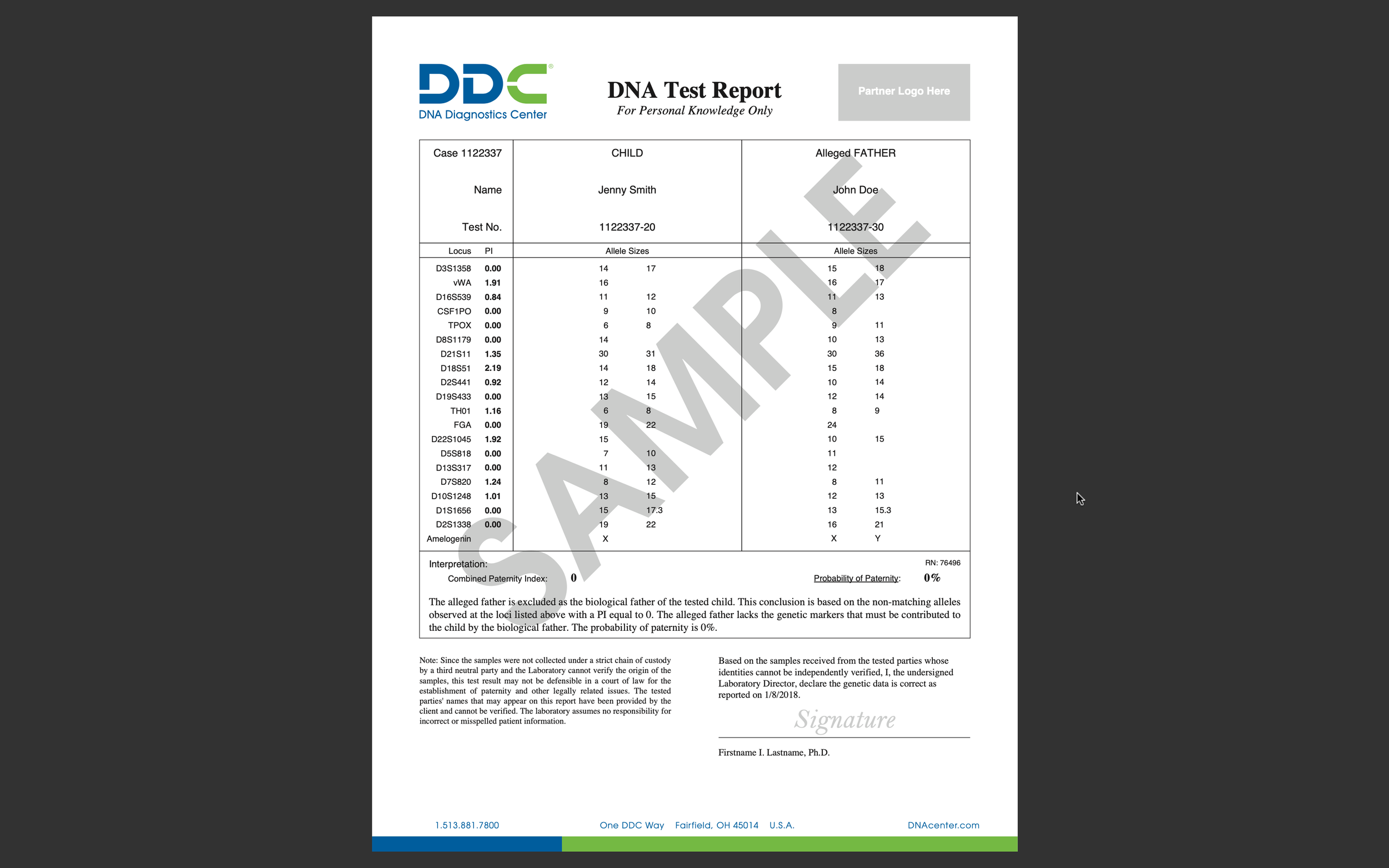 Sample report from an at-home paternity DNA test, showcasing detailed and professional results from an accredited lab