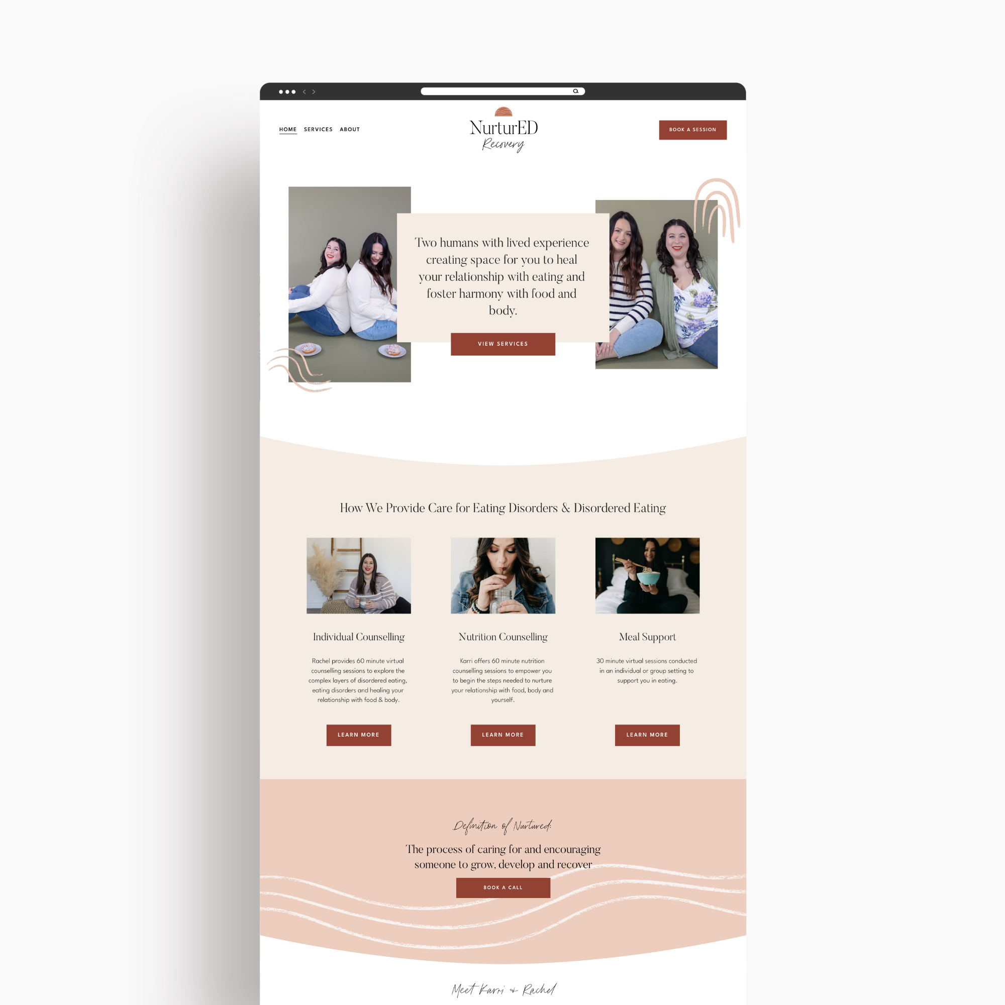 Screenshot of NurturED Recovery website homepage featuring images of two women and details about their services including individual counseling, nutrition counseling, and meal support.