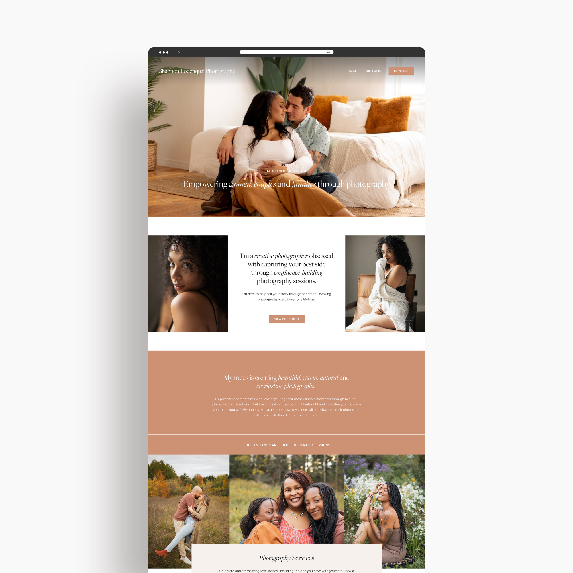 Screenshot of a photography website homepage featuring images of diverse couples and solo individuals, with a main banner displaying a couple sitting on the floor in a cozy room, surrounded by pillows and greenery, promoting empowerment through photography.