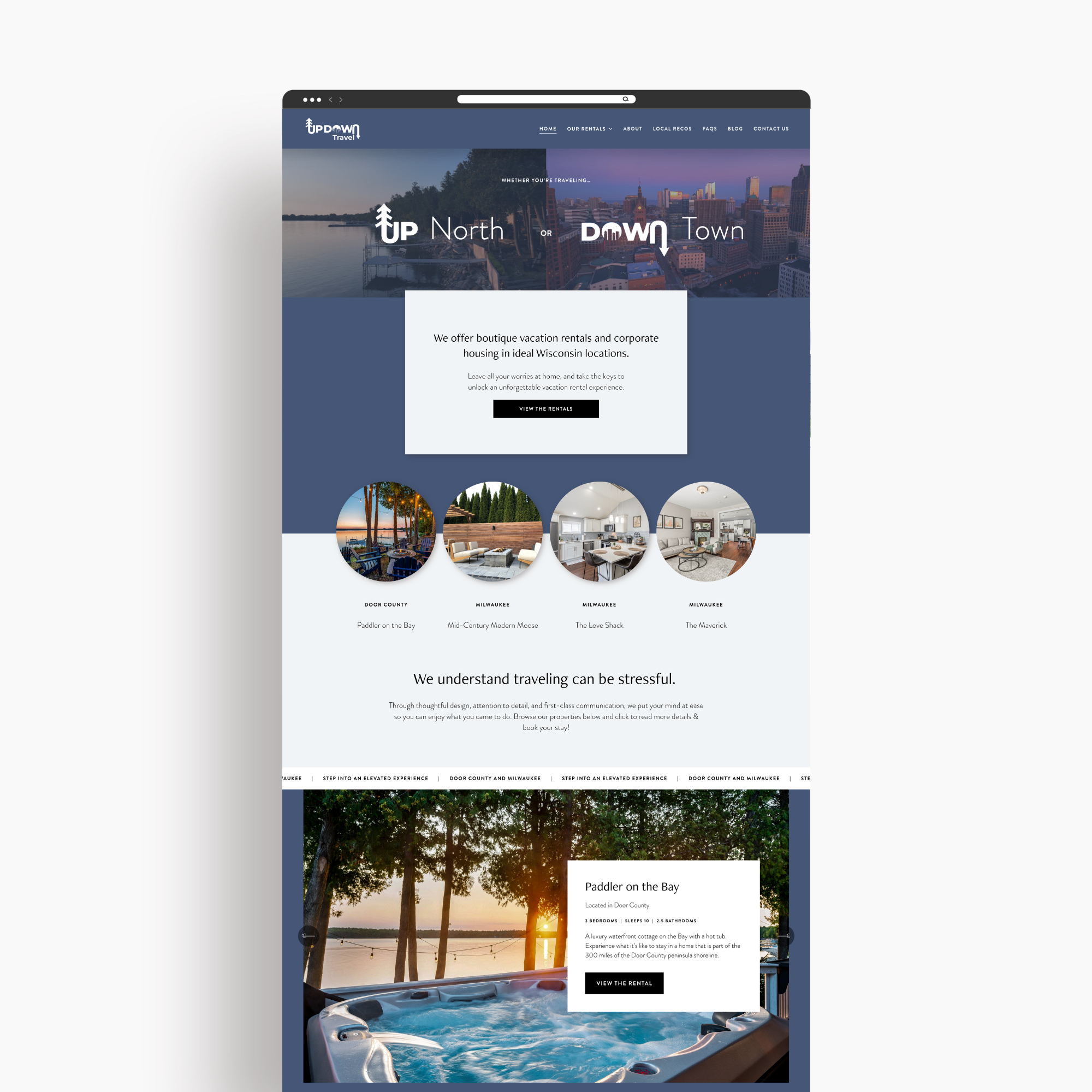 Screenshot of a travel rental website offering vacation homes in Wisconsin, featuring a large header image of a city skyline at sunset, with navigation menu, main content highlighting rental options and images of interior spaces, and a section with a hot tub overlooking a lake at sunset.