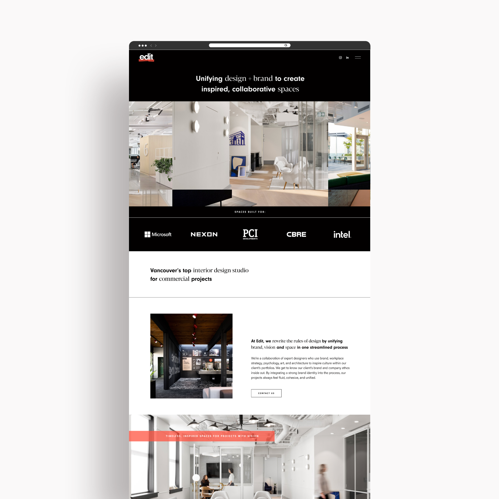Screenshot of a modern interior design studio website featuring interior spaces, logos of Microsoft, NEXON, PCI, CBRE, and Intel, and sections describing the studio's projects and approach.