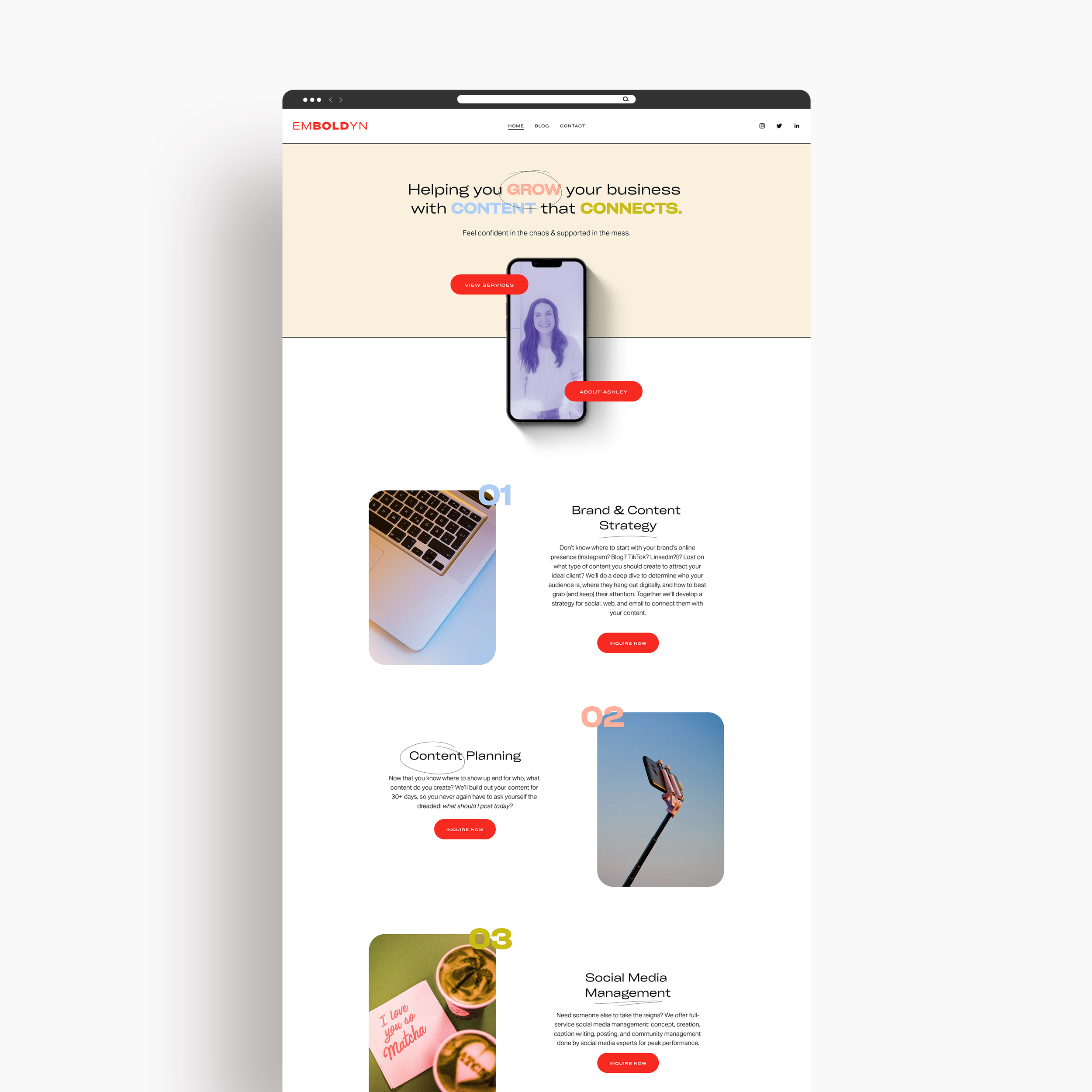 Homepage of a business website with the title 'Helping you grow your business with content that connects.' It features a smartphone with a woman on the screen, and sections for brand strategy, content planning, and social media management, each with corresponding images and 'Inquire Now' buttons.