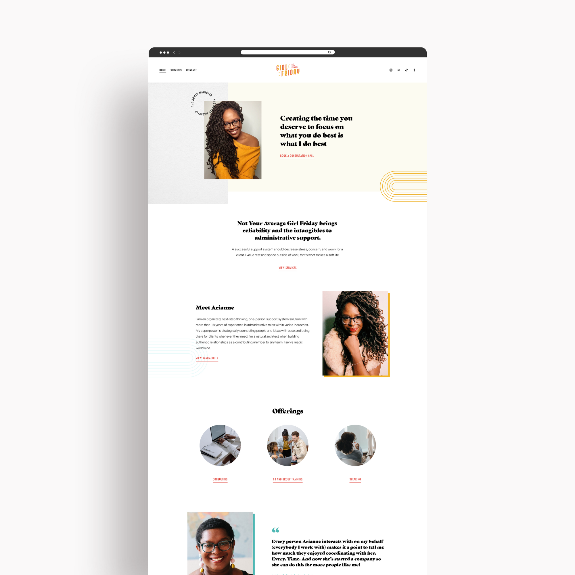 Screenshot of a website home page for Not Your Average Girl Friday featuring images of a woman with curly hair and glasses, sections about services and offerings including consulting, training, and speaking.