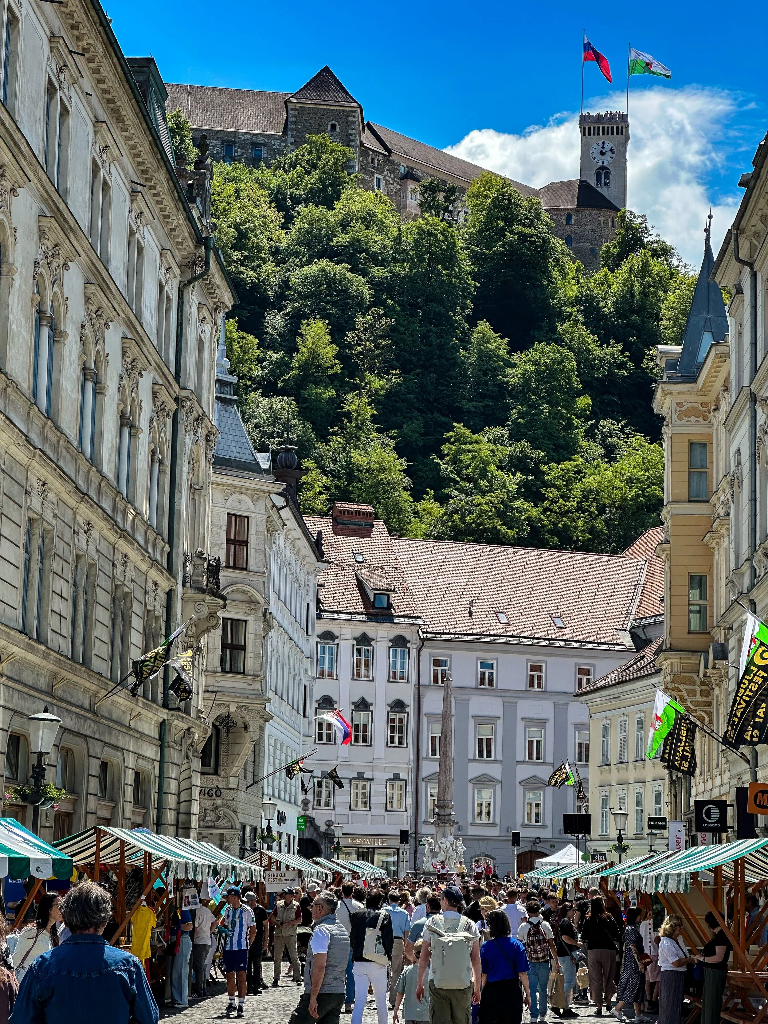 After the hiking I had an opportunity to spend 2 days in the capital of Slovenia, Ljubljana.  A beautiful city with a pedestrian town square.  The castle is seen at the top right