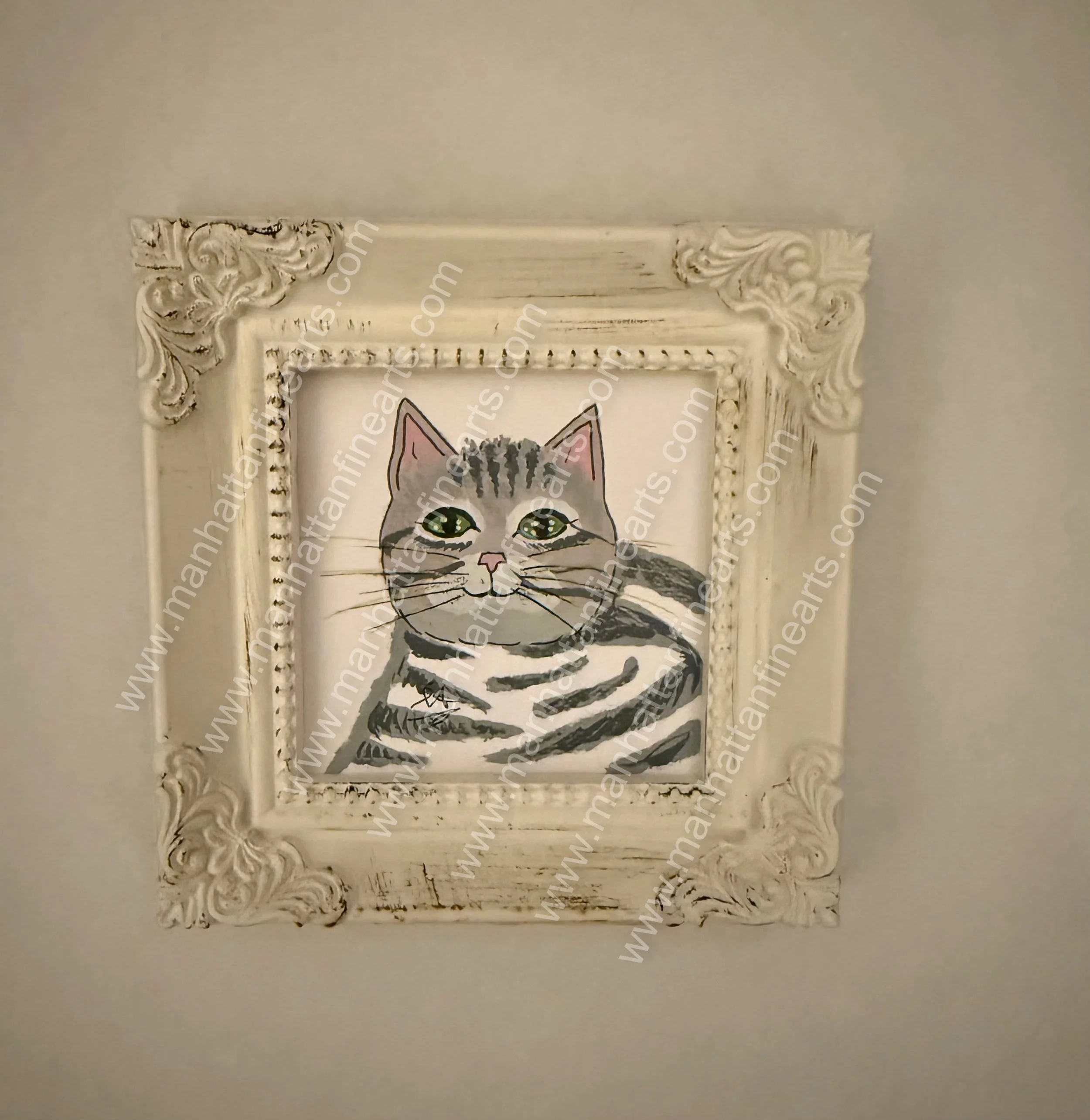 Whimsical Cat Miniature Painting in Vintage Frame