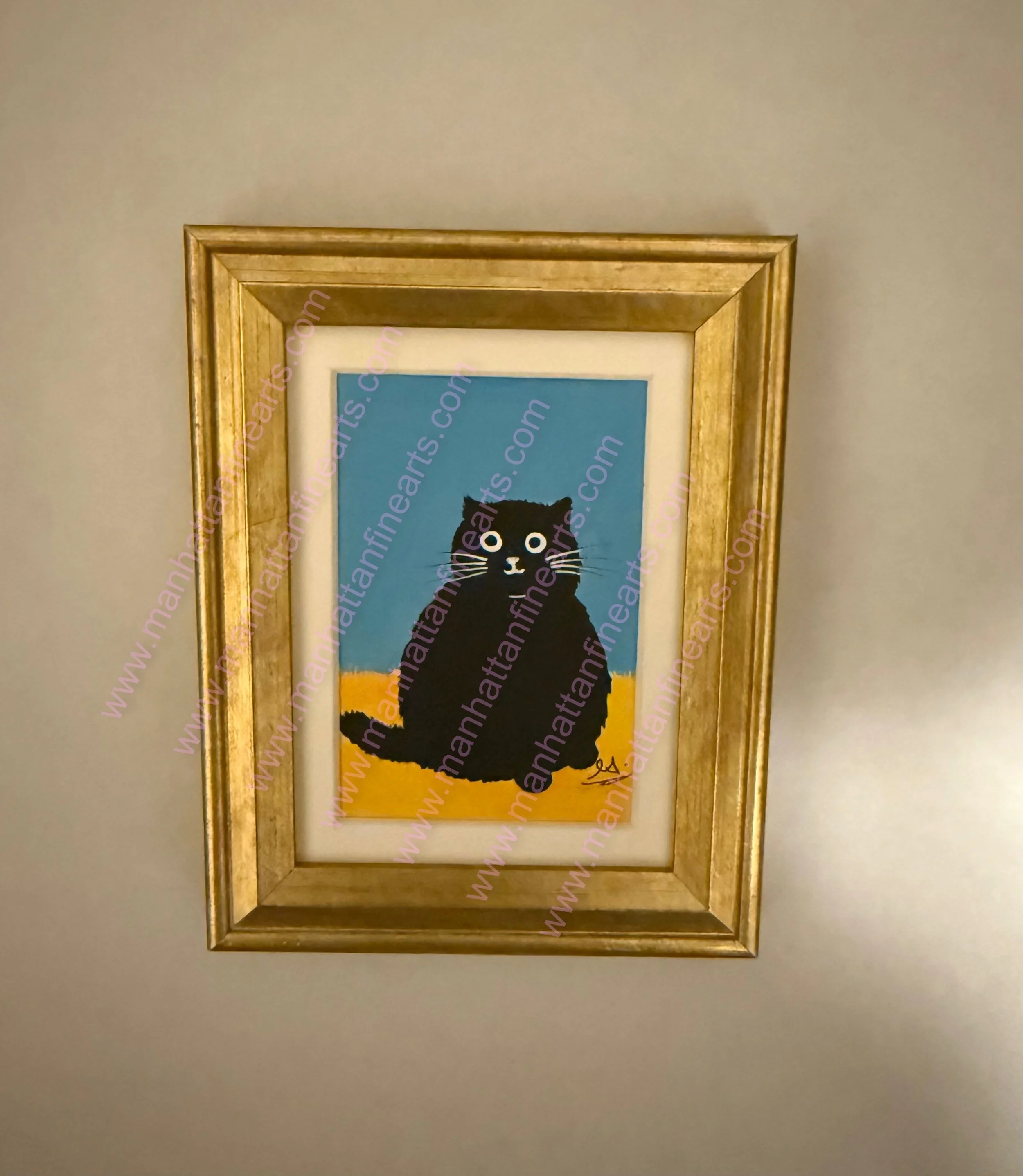Whimsical Black Cat Painting in Golden Frame