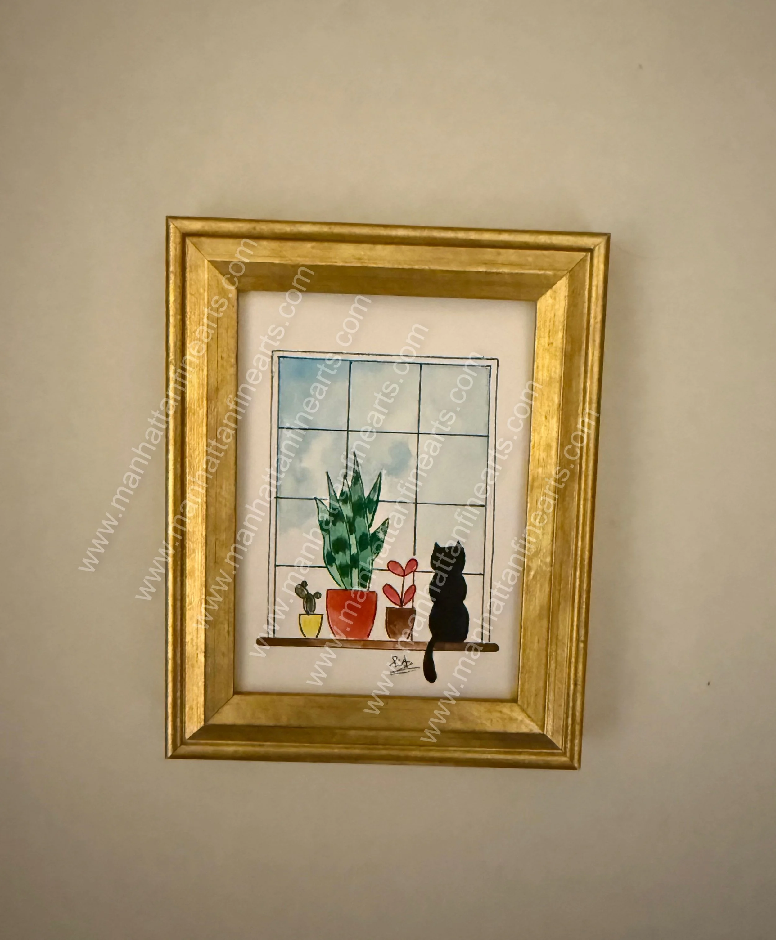 Charming Cat & Plant Watercolor Painting