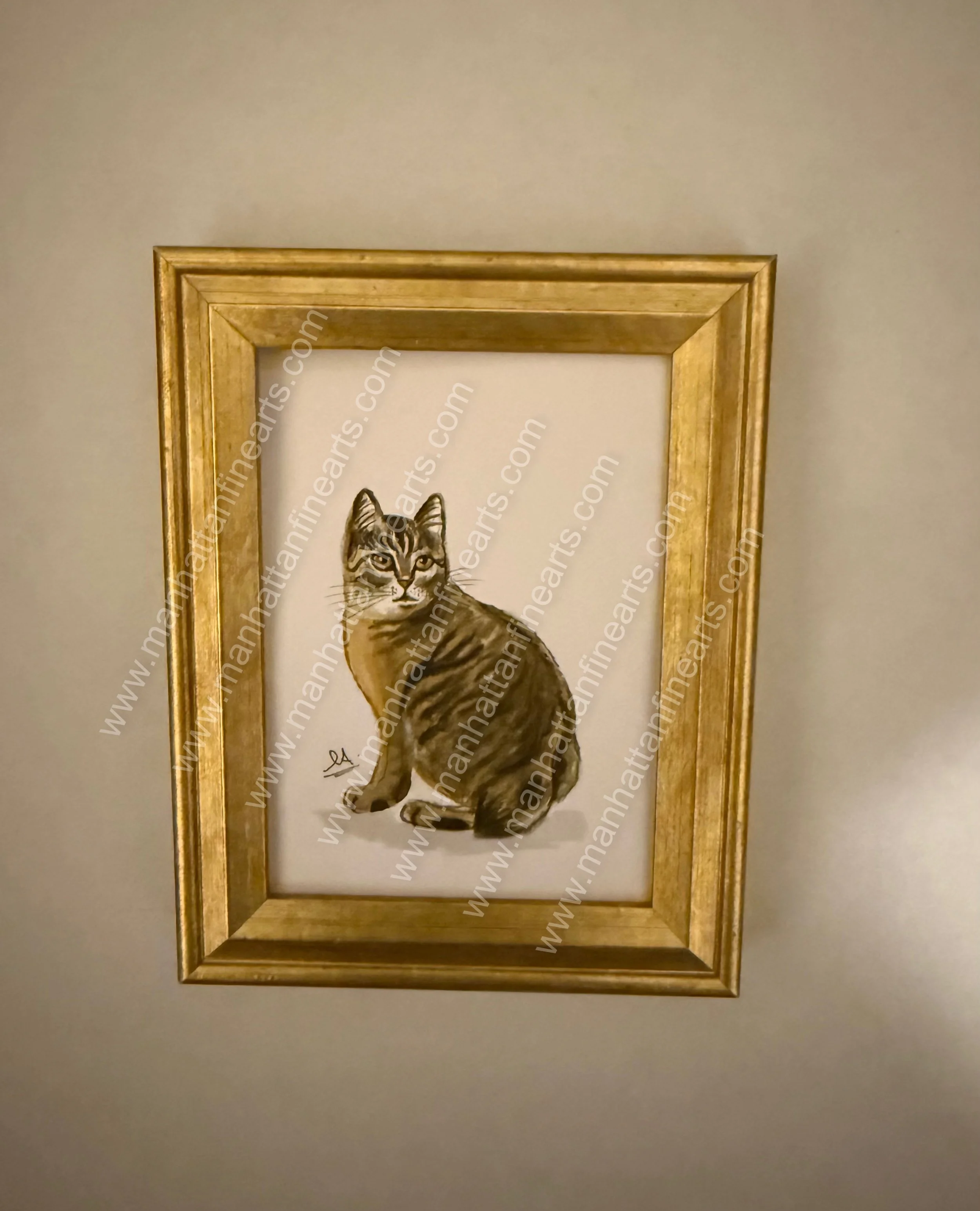 Lifelike Miniature Painting Cat Portrait in Golden Frame