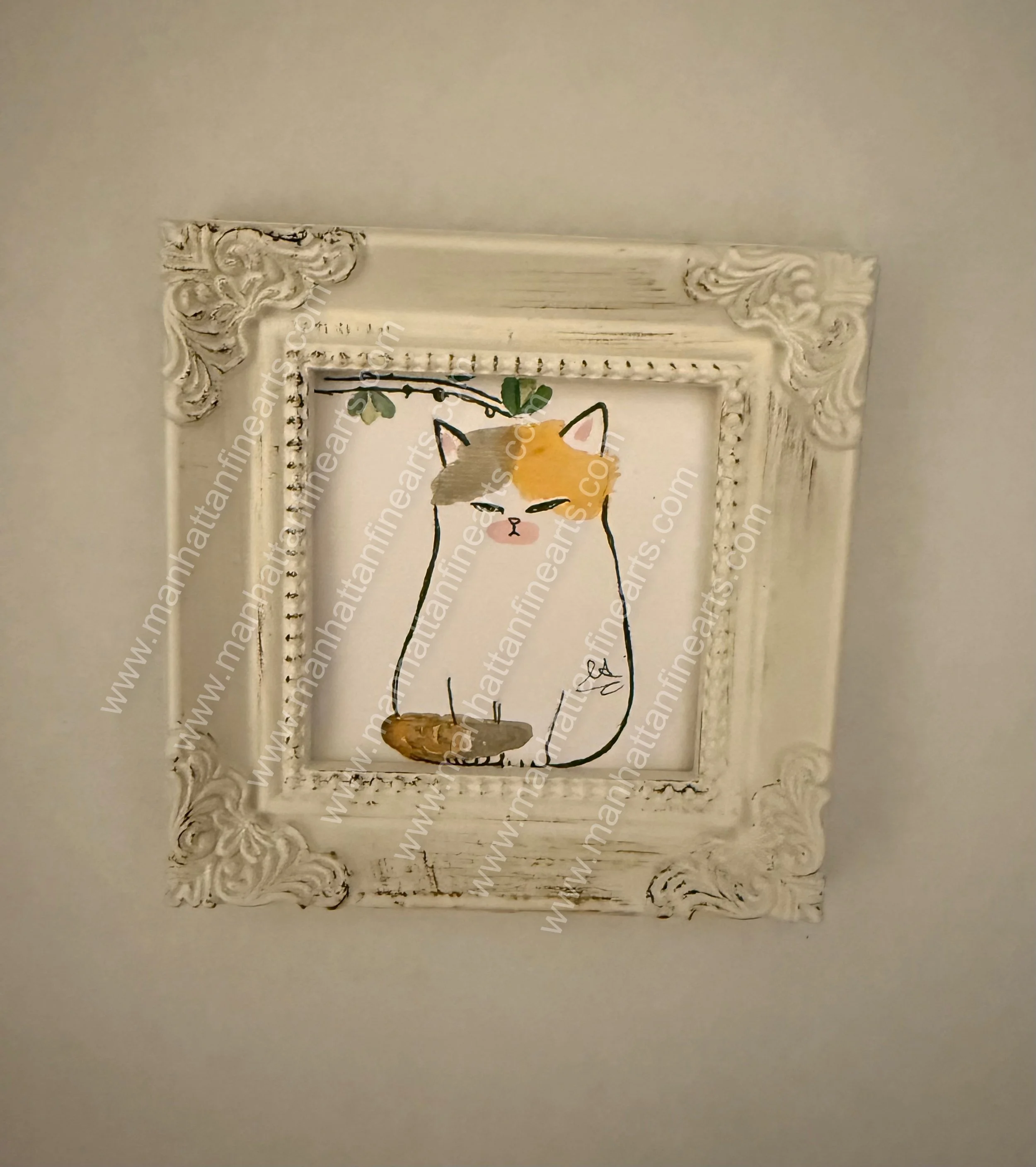 Whimsical Calico Cat Art in Vintage Frame