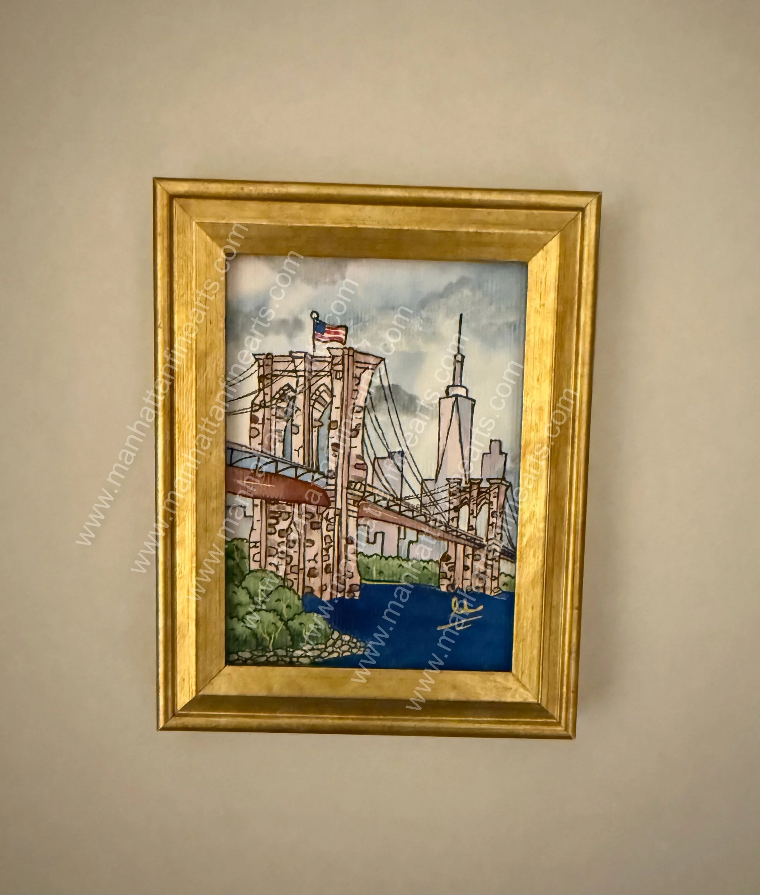 Gold-Framed Miniature NYC Brooklyn Bridge Painting