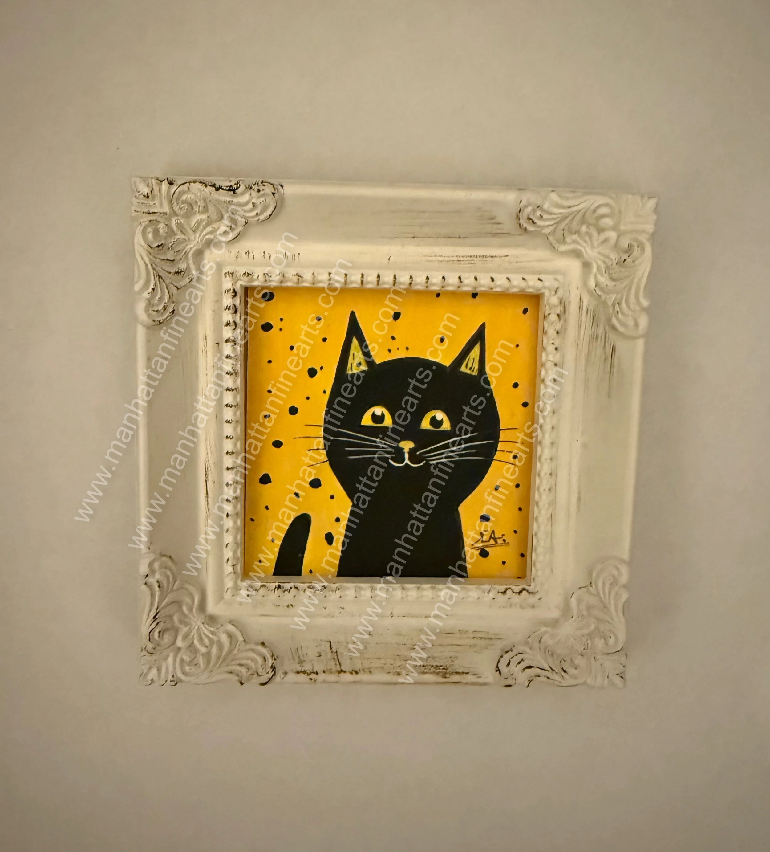 Charming Black Cat Painting in Vintage White Frame