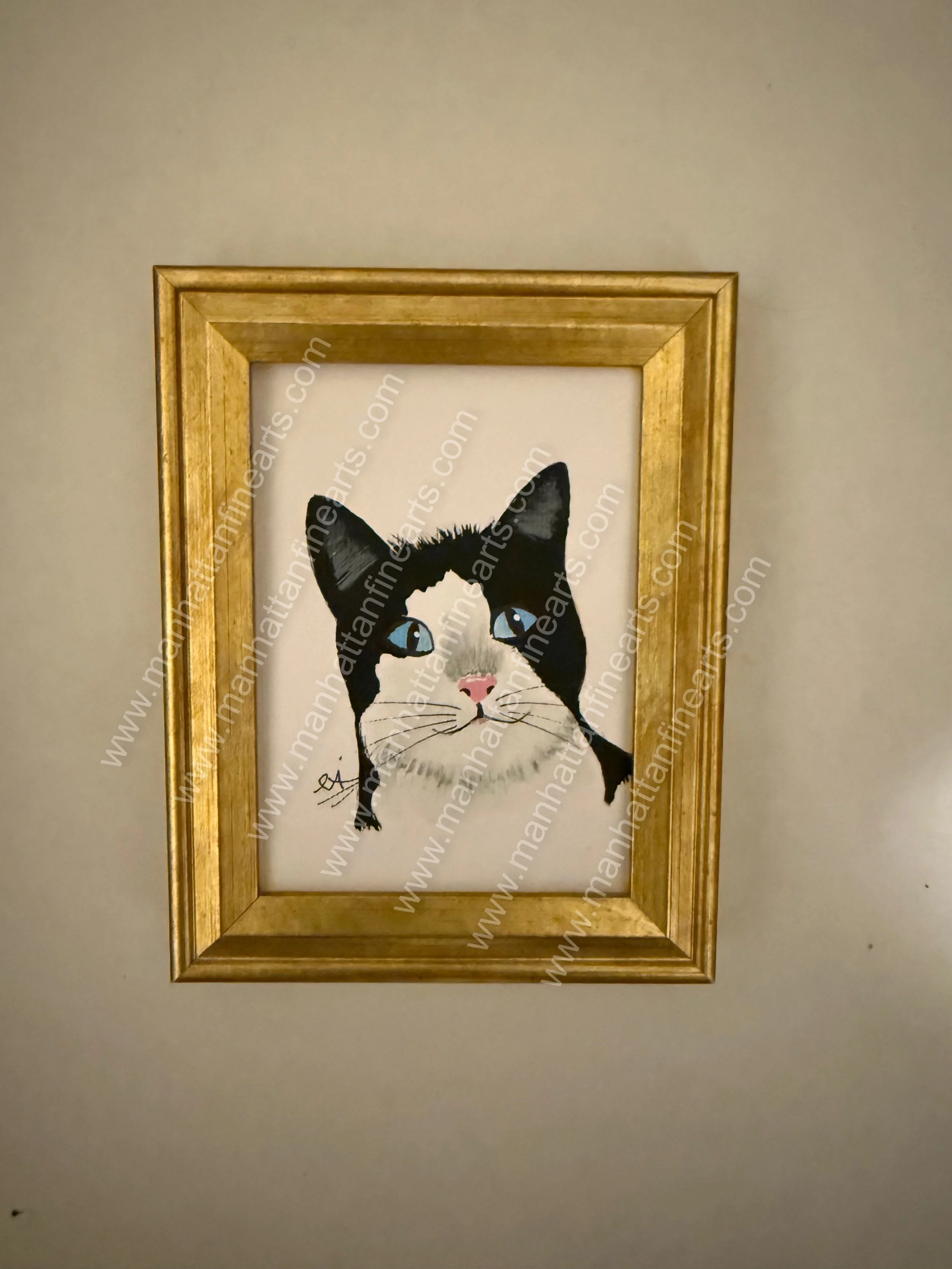 Charming Cat Portrait Painting in Golden Frame