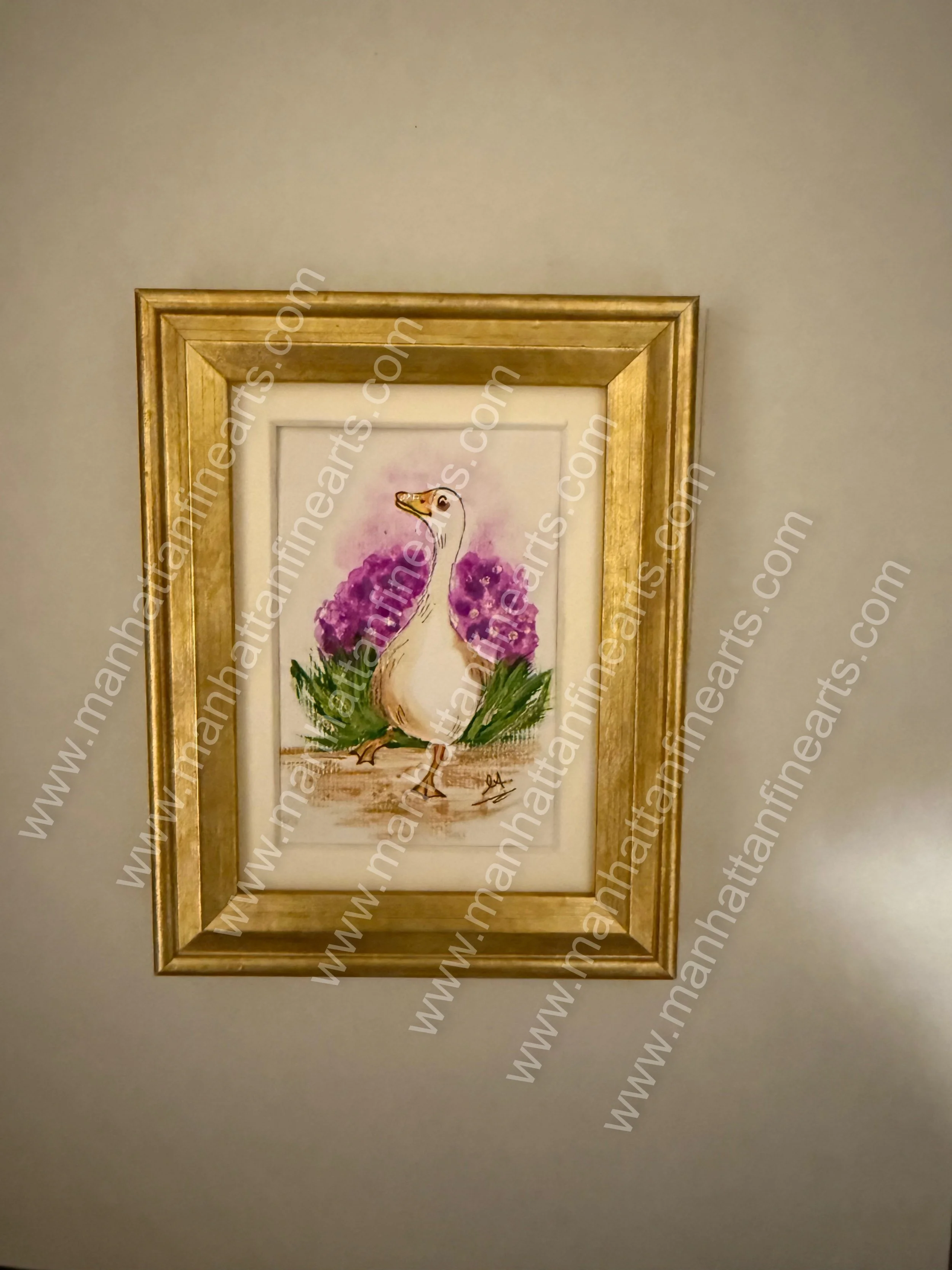 Whimsical Duck with Hydrangeas Miniature Painting