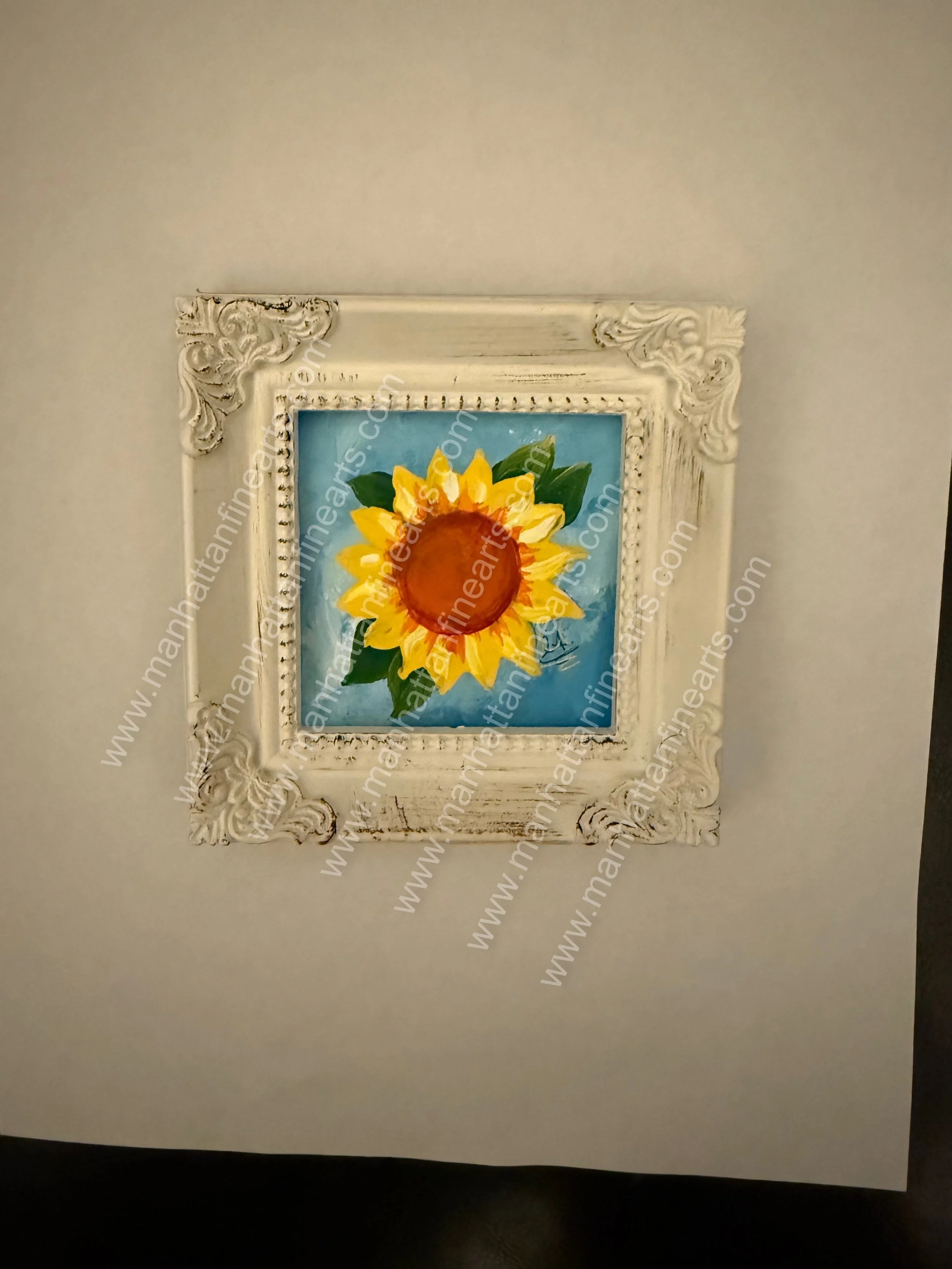 Miniature Sunflower Painting in Ornate Frame