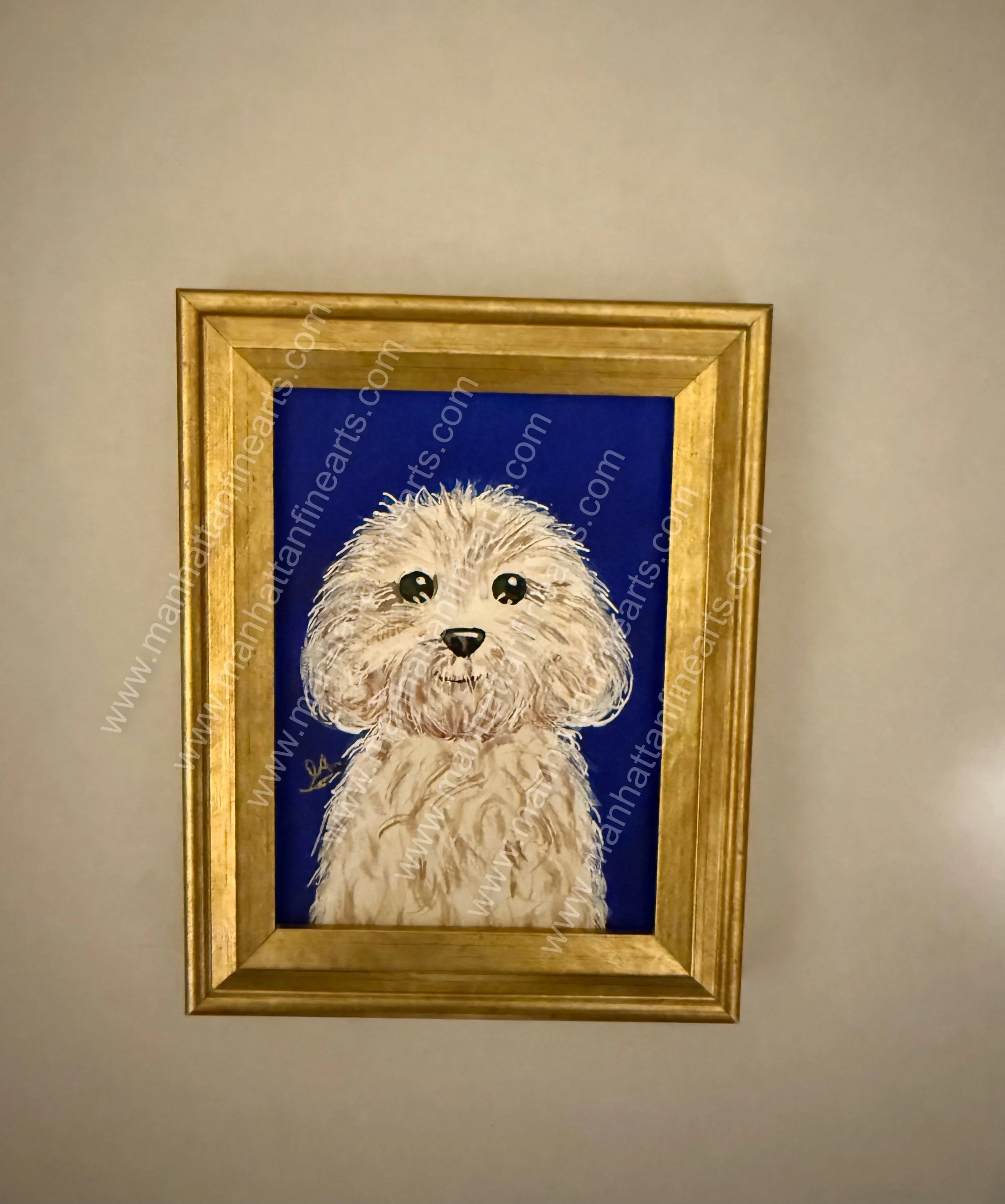 Charming Fluffy Dog Painting in Gold Frame