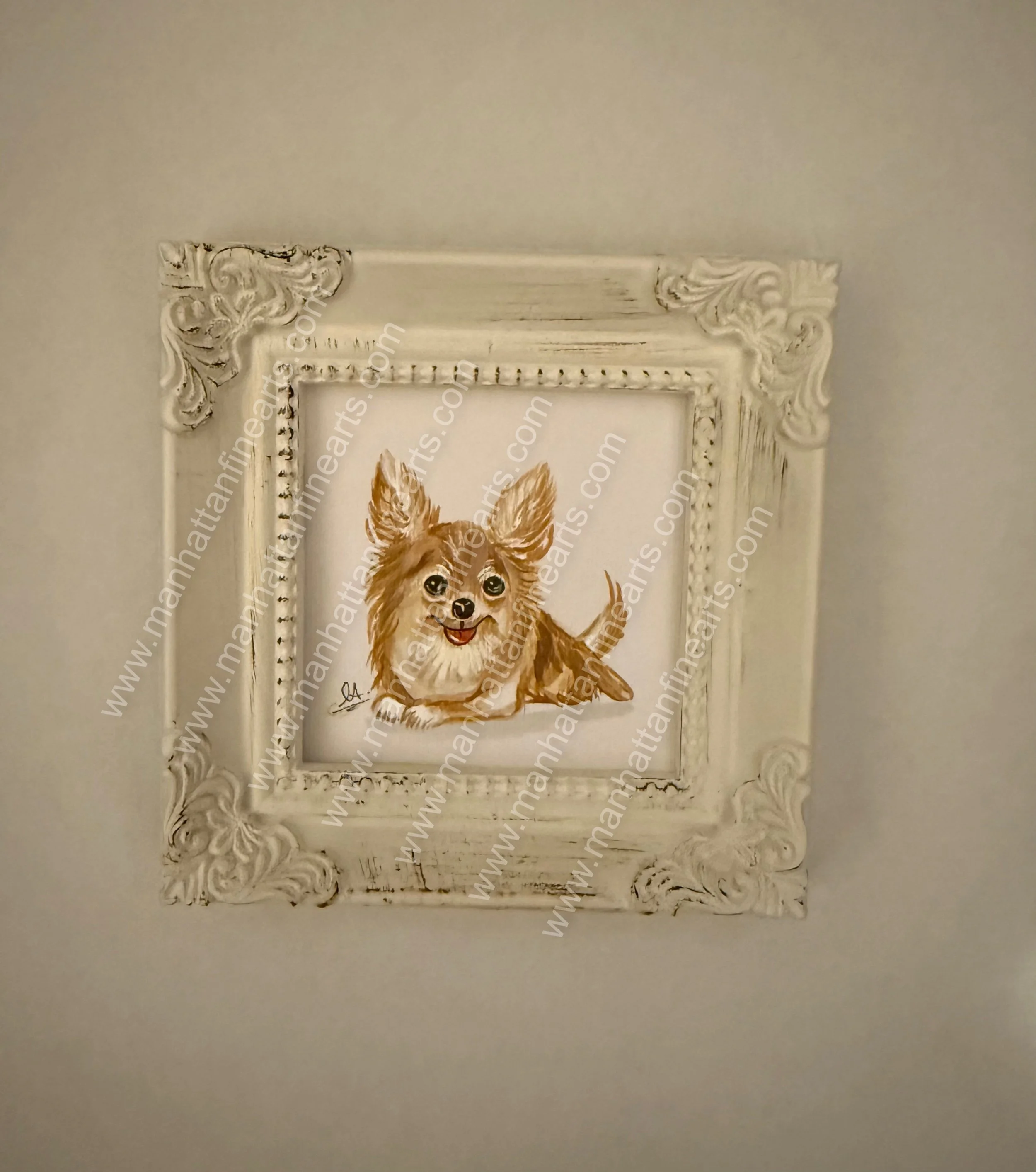 Hand-Painted Chihuahua Portrait in Shabby-Chic Frame