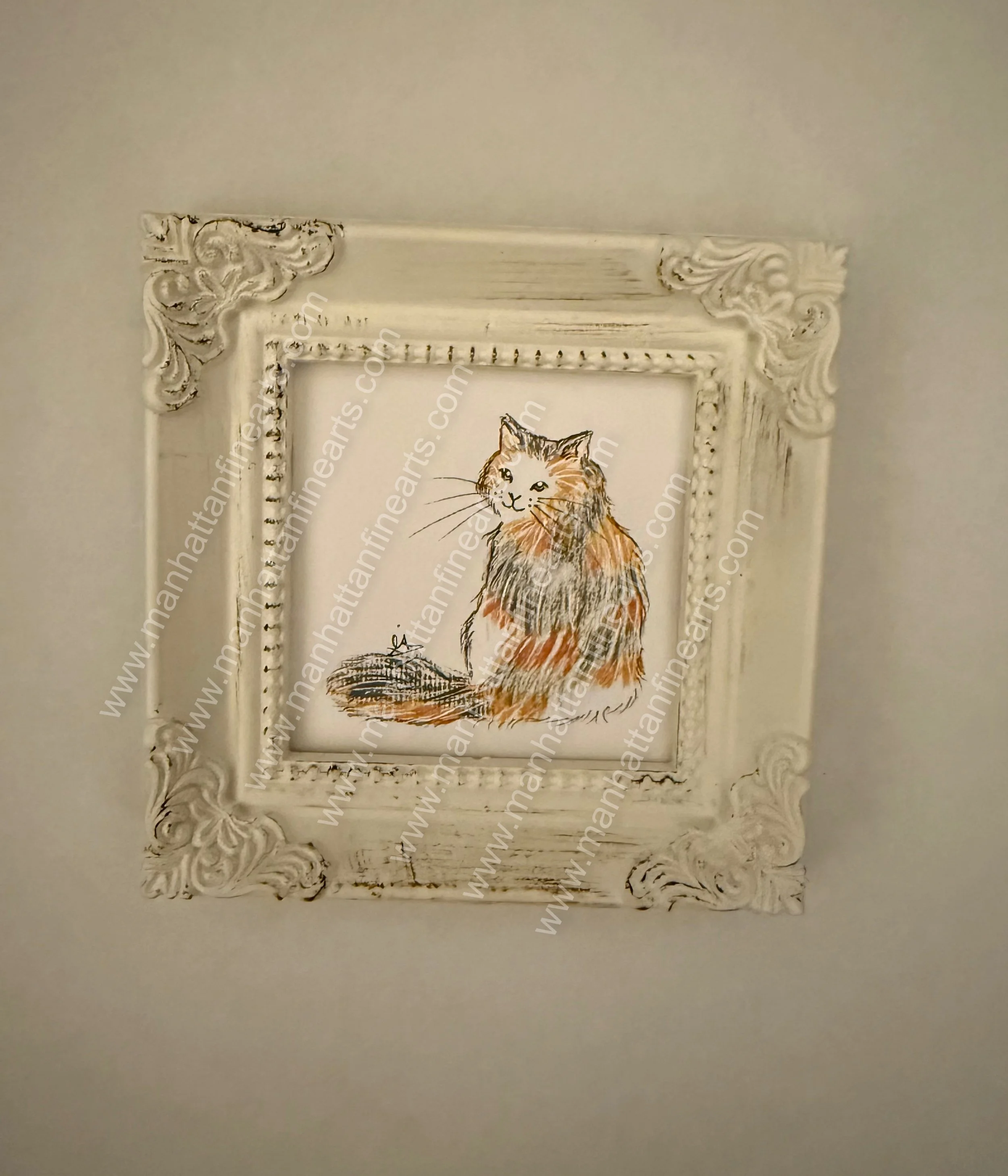 Charming Feline Miniature Art in Ornate Frame
