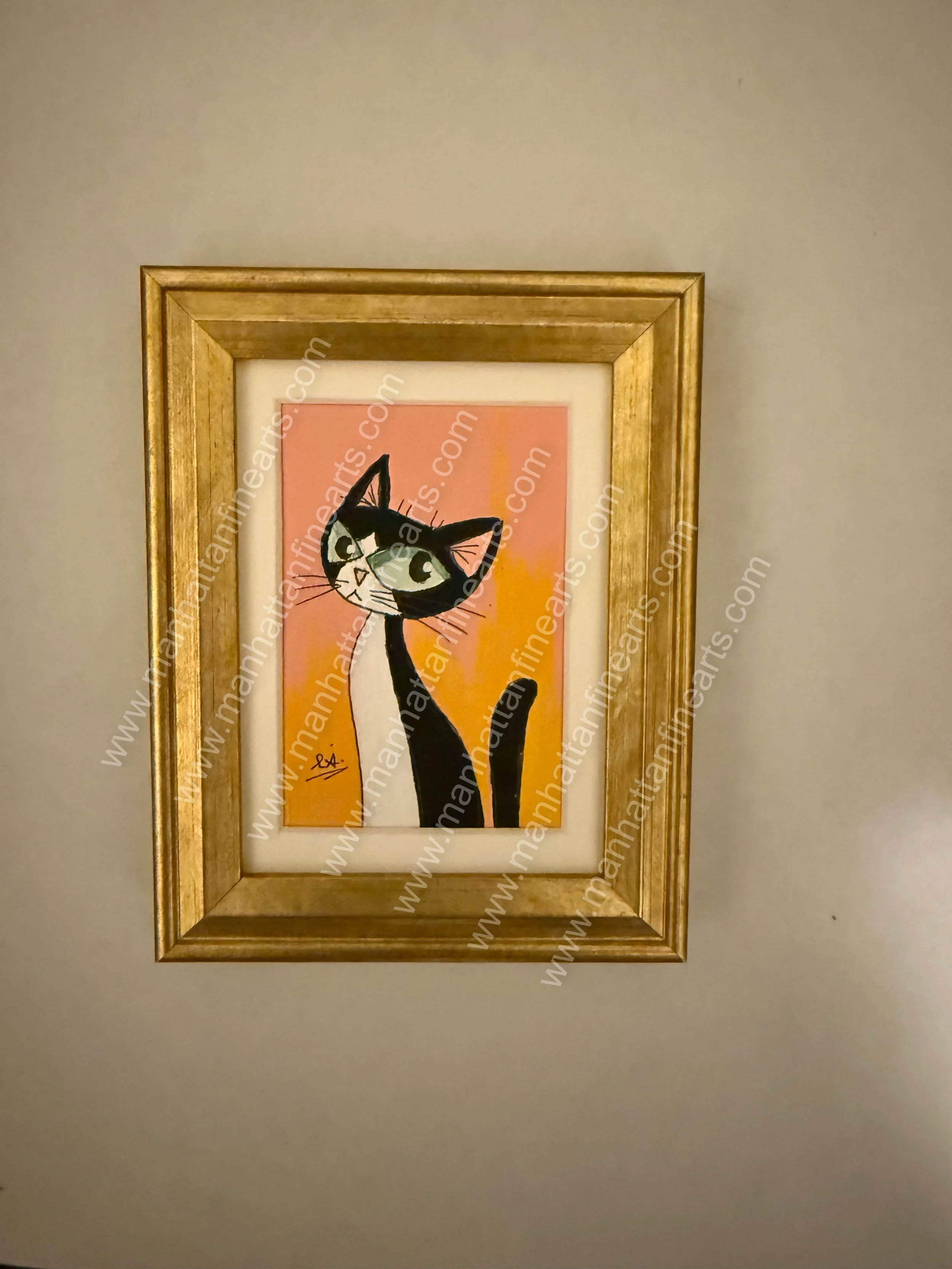 Whimsical Cat Art Painting in Gold Frame
