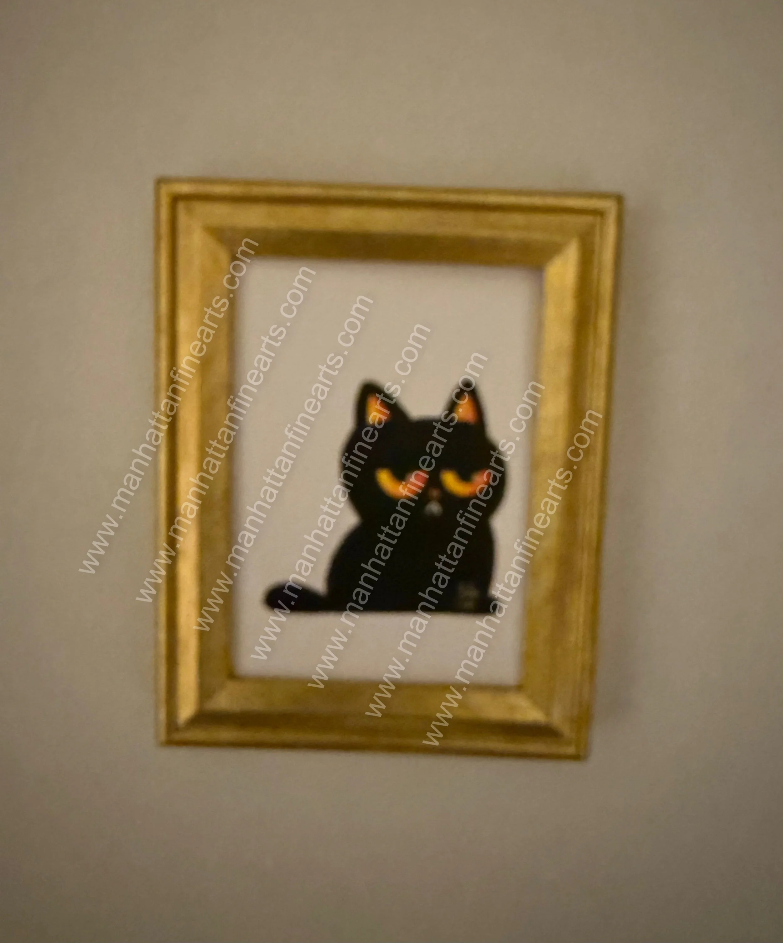 Black Cat Miniature Painting in Gold Frame