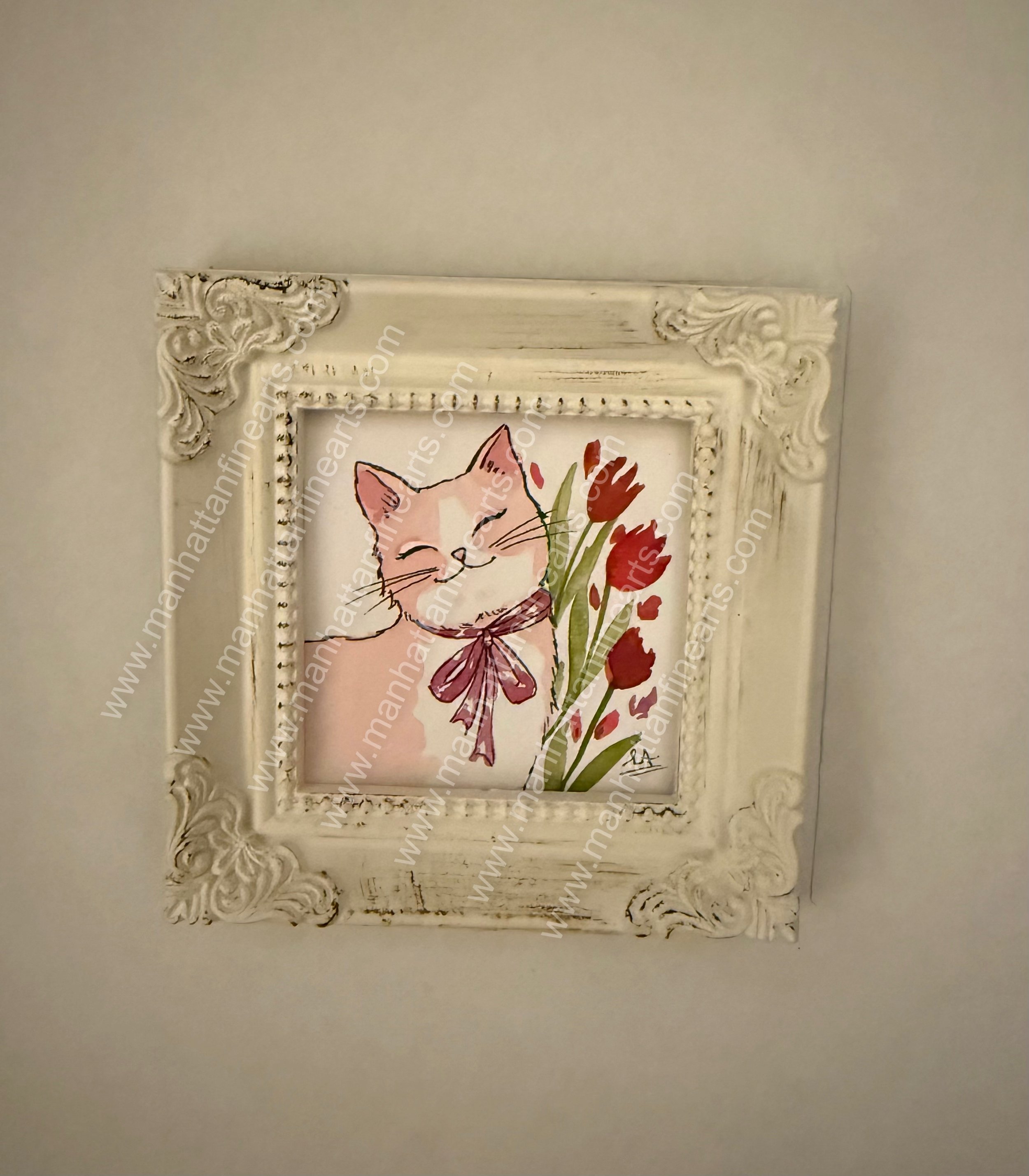 Charming Cat and Flowers Framed Art